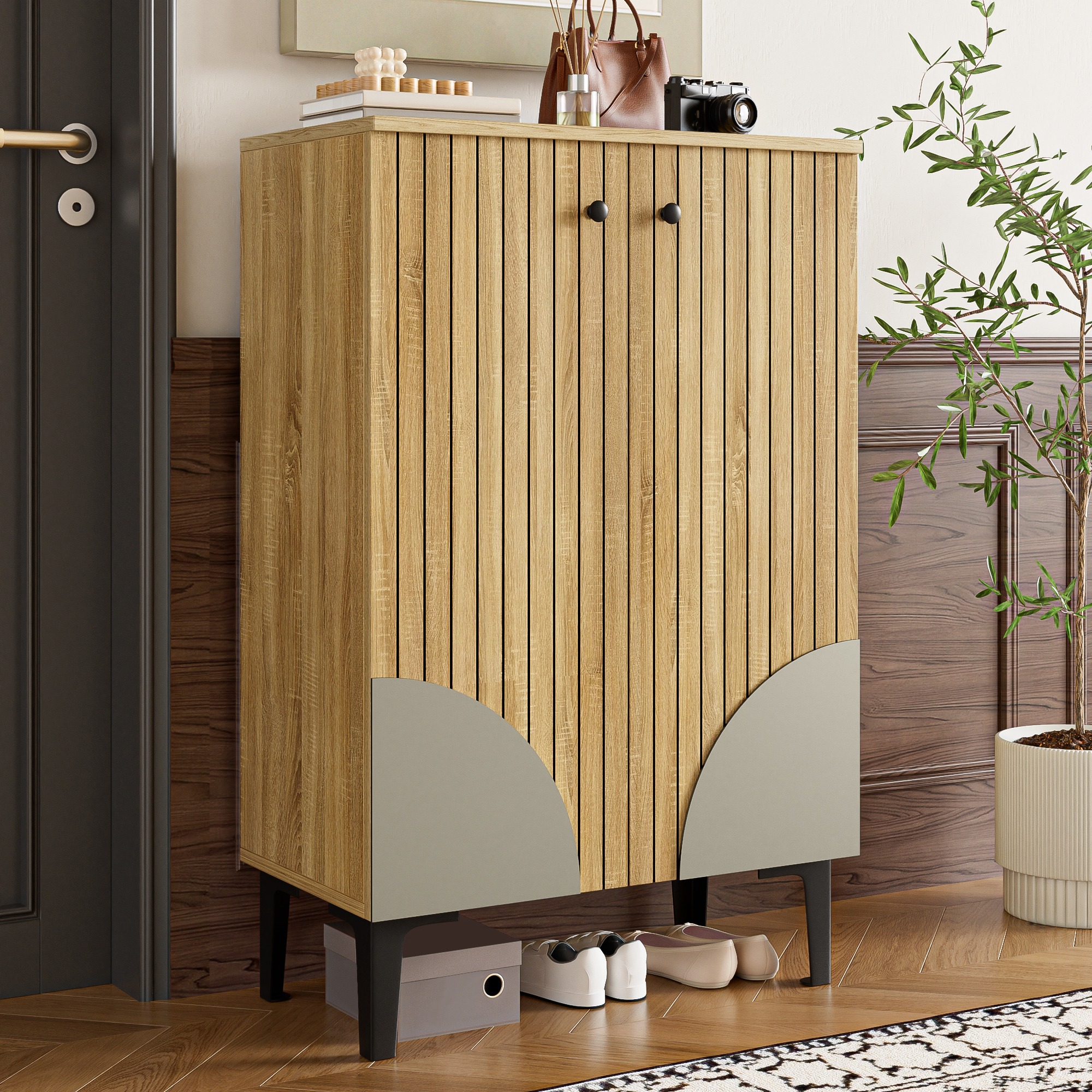 Meuble à chaussures avec 2 portes et 4 étagères - 60 x 32 x 94 mc - MDF et panneaux de particules - Naturel - 7