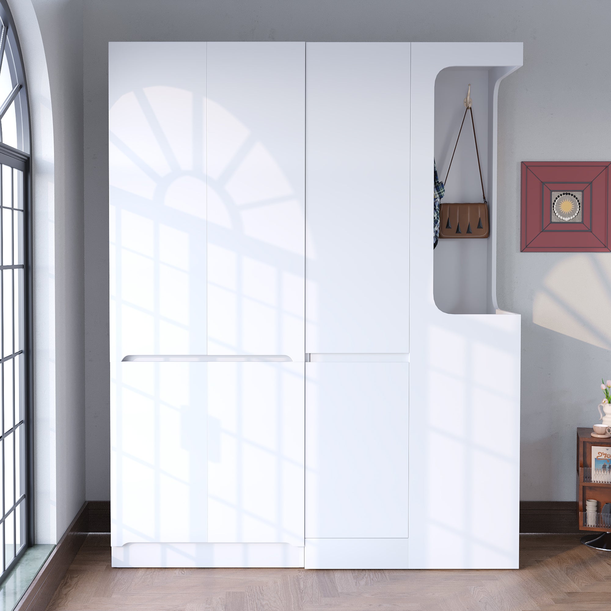 Armadio Multiuso con 6 ante e asta appendiabiti 140 x 40 x 170 cm,armadio guardaroba con 4 cassetti e ganci,aperto,salvaspazio,bianco (Lato destro) - 3