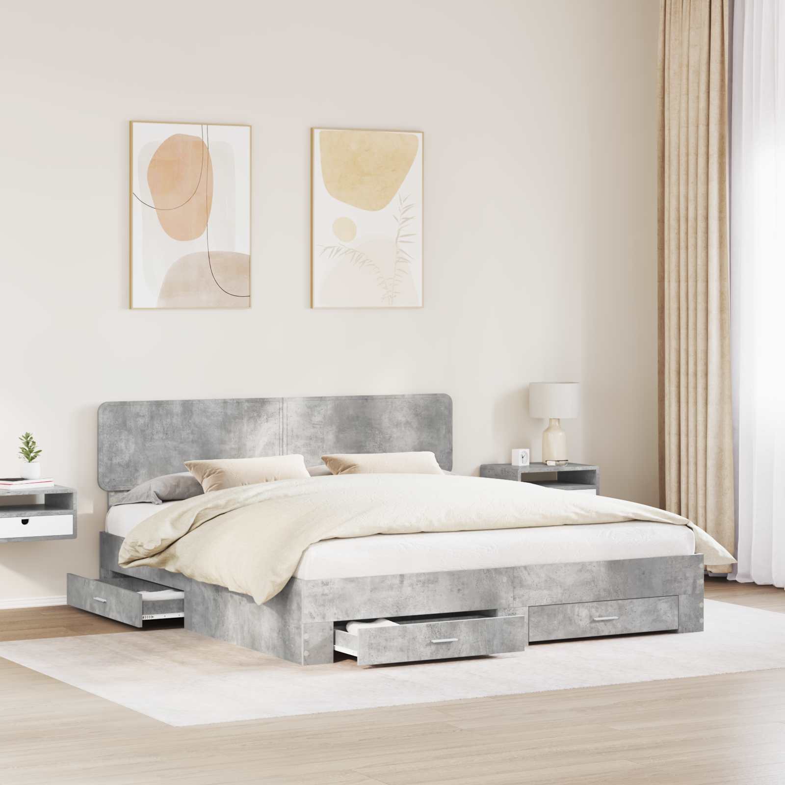 Cadre de lit gris béton 200 x 200 cm panneau de bois - 3
