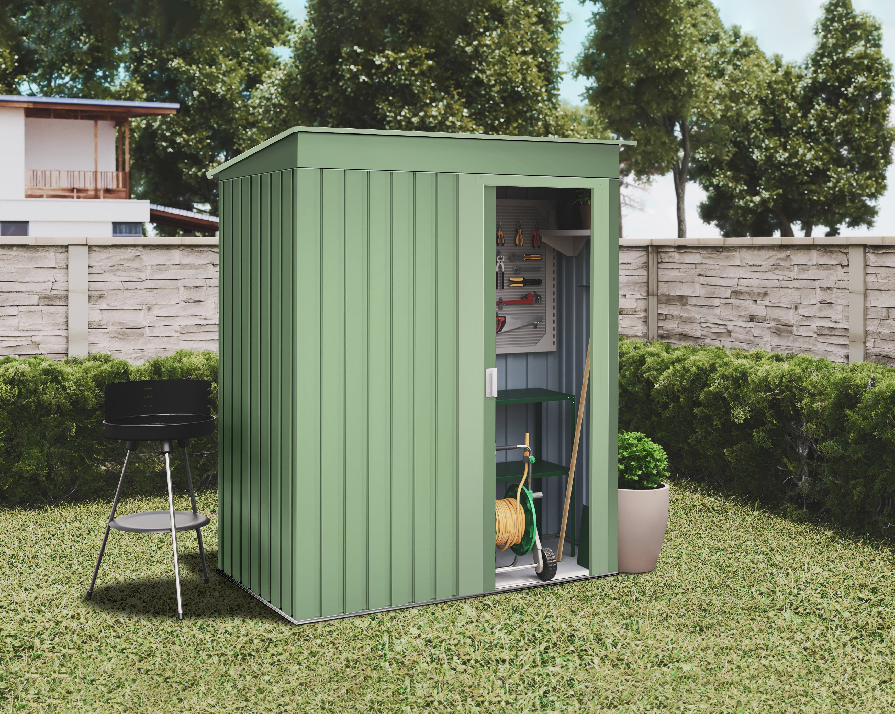 Armadio da giardino in metallo 1,39m2 Hede Green - Porta scorrevole - Tetto spiovente - Colore verde - Casetta da giardino per esterni - 2