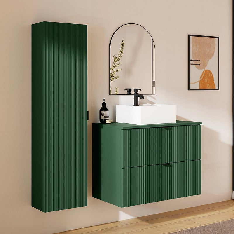 Podwieszana szafka łazienkowa prążkowana z umywalką nablatową kwadratową i słupkiem - Matowa zieleń - 80 cm - ZEVINI