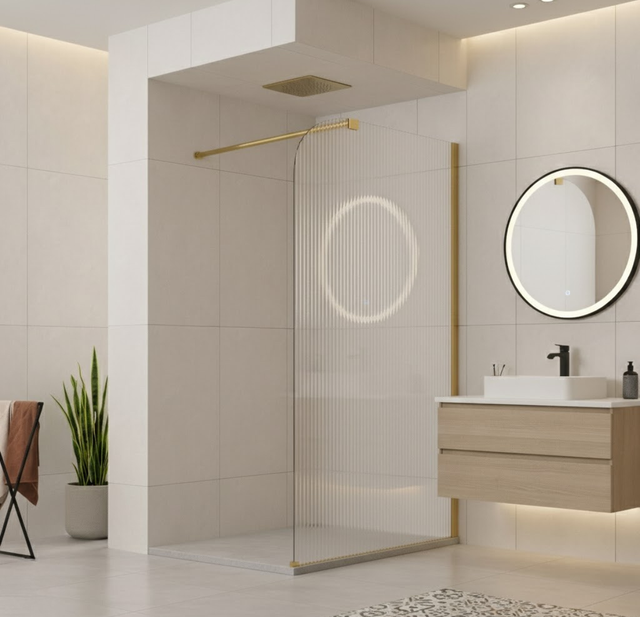 Paroi de douche italienne rainuré flûtée - 120 x 195 cm - Or brossé - Droite - LUCIA