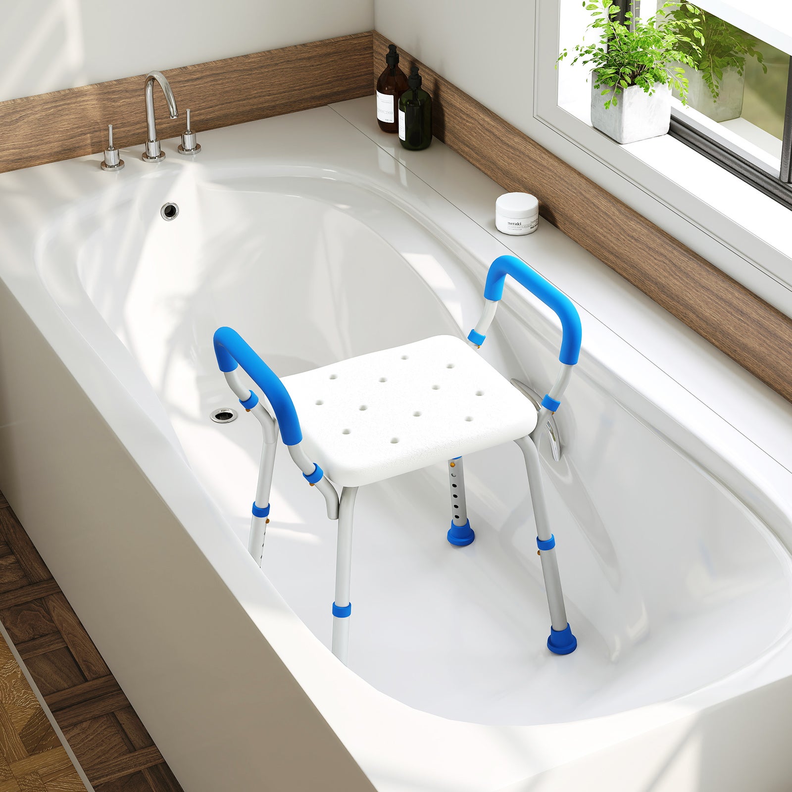 Tabouret de Douche 6 Hauteurs Réglables 36-49cm, Chaise de Douche Accoudoirs Amovibles, Pieds En Caoutchouc Antidérapants, Tabouret Salle de Bain,Bleu - 2