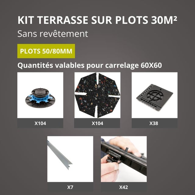 Kit Terrasse sur Plots Sans Revêtement 30M² - Finition Gris Aluminium - 50/80 mm - JOUPLAST