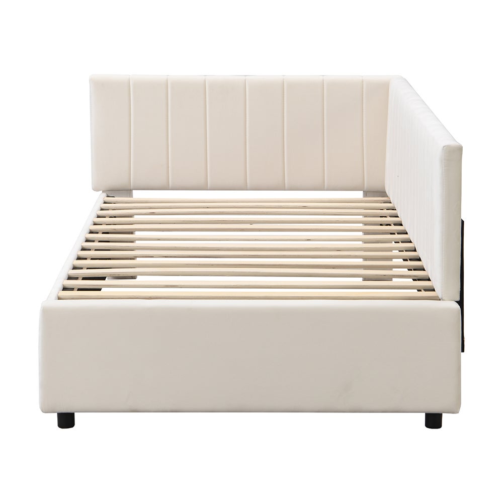 Lit adulte Lit gigogne Lit 90x200 avec sommier à lattes Canapé-lit pour le salon Tissu velours Beige - 2