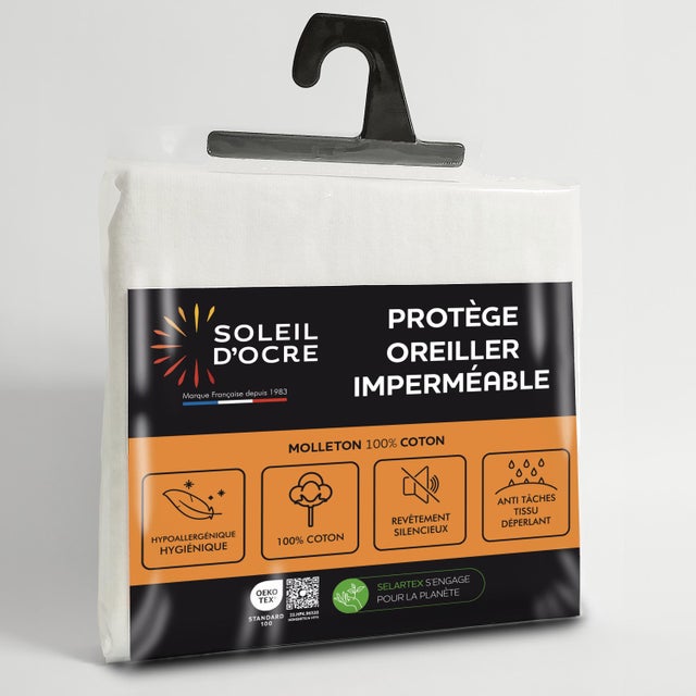 Taie protège oreiller coton 50x70 cm MOLLETON imperméable, par Soleil d'ocre