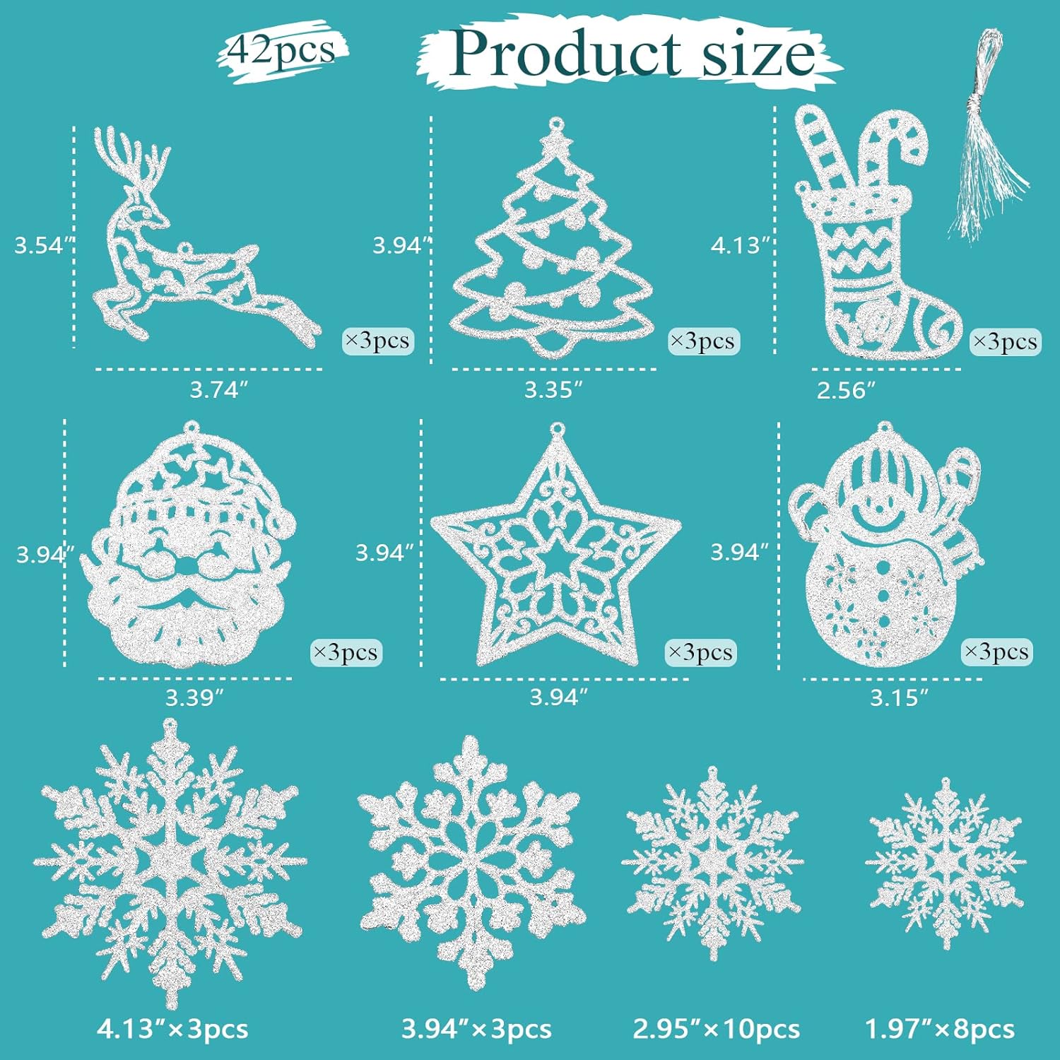 Set Di 42 Decorazioni Per Albero Di Natale Glitterate - Bianche Con Pupazzo Di Neve, Renna, Babbo Natale, Fiocchi Di Neve E Calze - 2