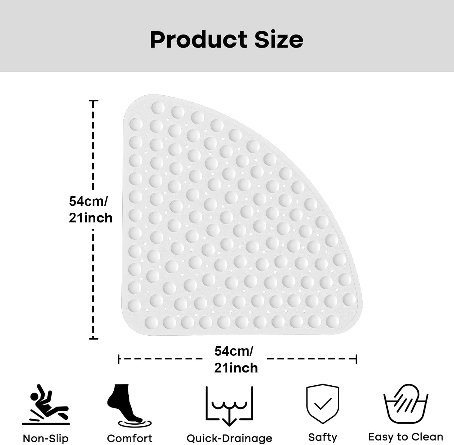 Tapis de douche d'angle antidérapant, tapis de douche triangulaire de 54 cm, adapté aux douches intérieures, avec ventouse, blanc - 2