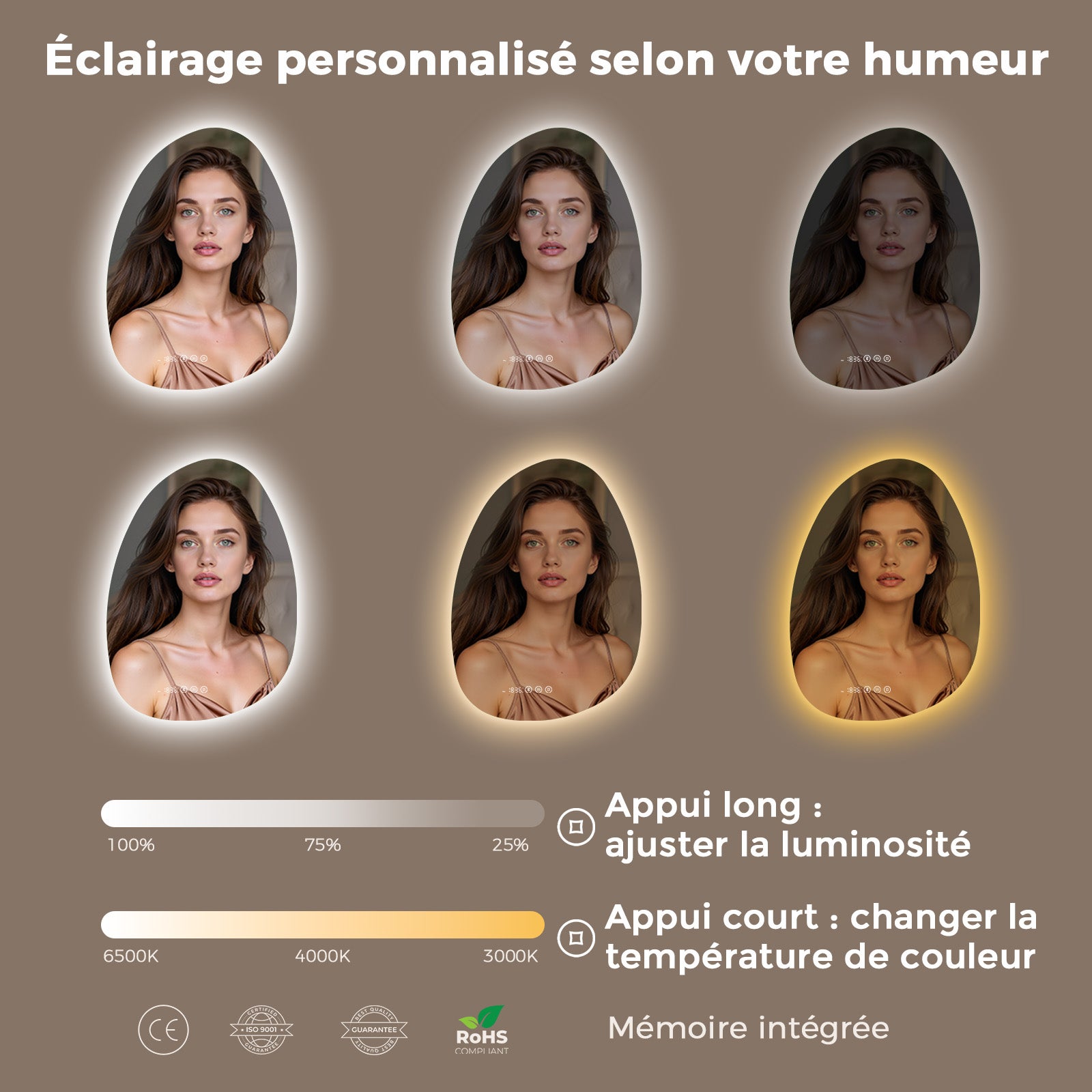 S'AFIELINA Miroir de Salle de Bain avec Éclairage Asymétrique 85 x 50 cm, 3 Couleurs de Lumière Réglables, Antibuée, Bluetooth, Horloge, Température - 4