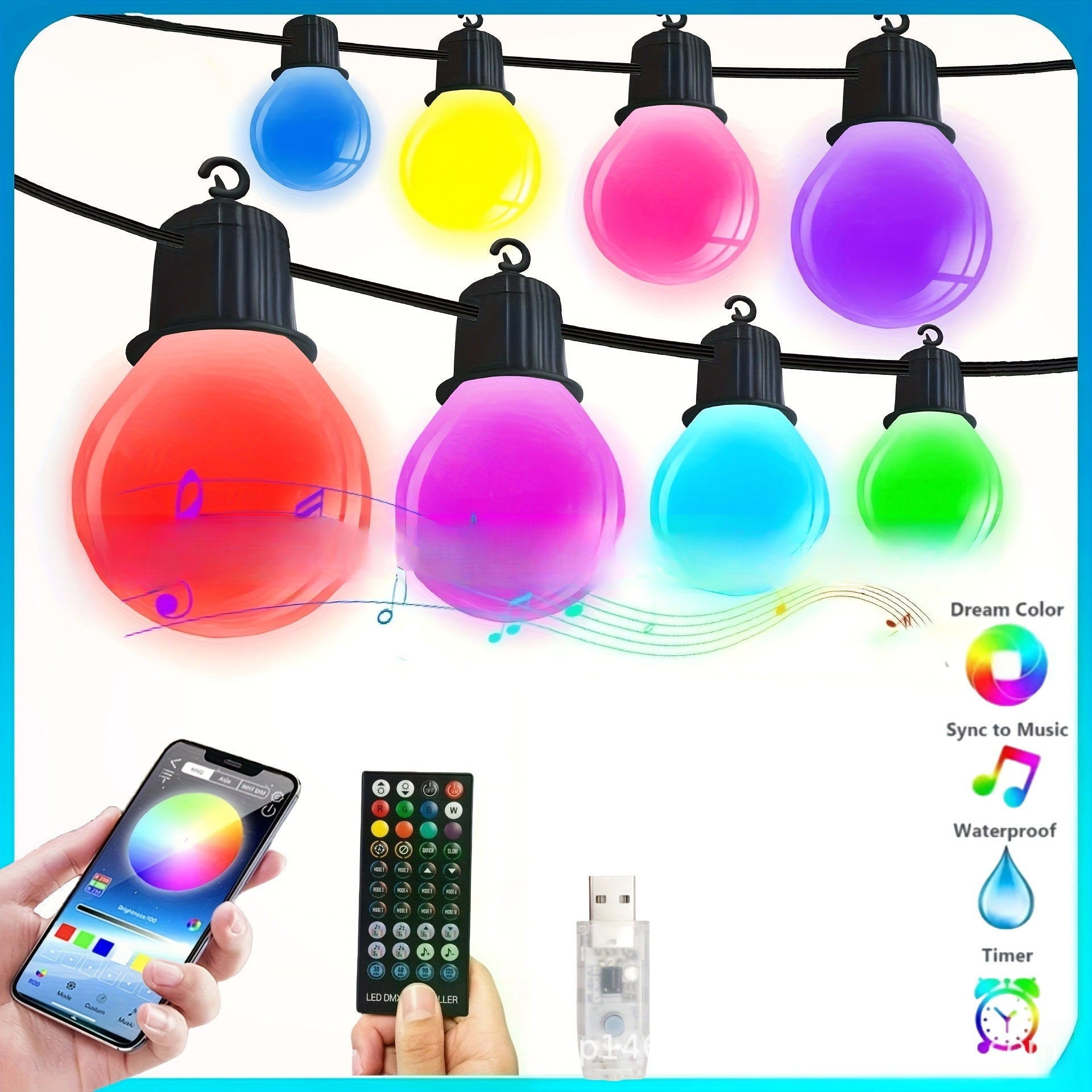10,5-metrowy łańcuch świetlny RGB z 25 żarówkami, inteligentna aplikacja i pilot, IP65,na Boże Narodzenie, kemping, ogród, przyjęcia w ogrodzie,wesela