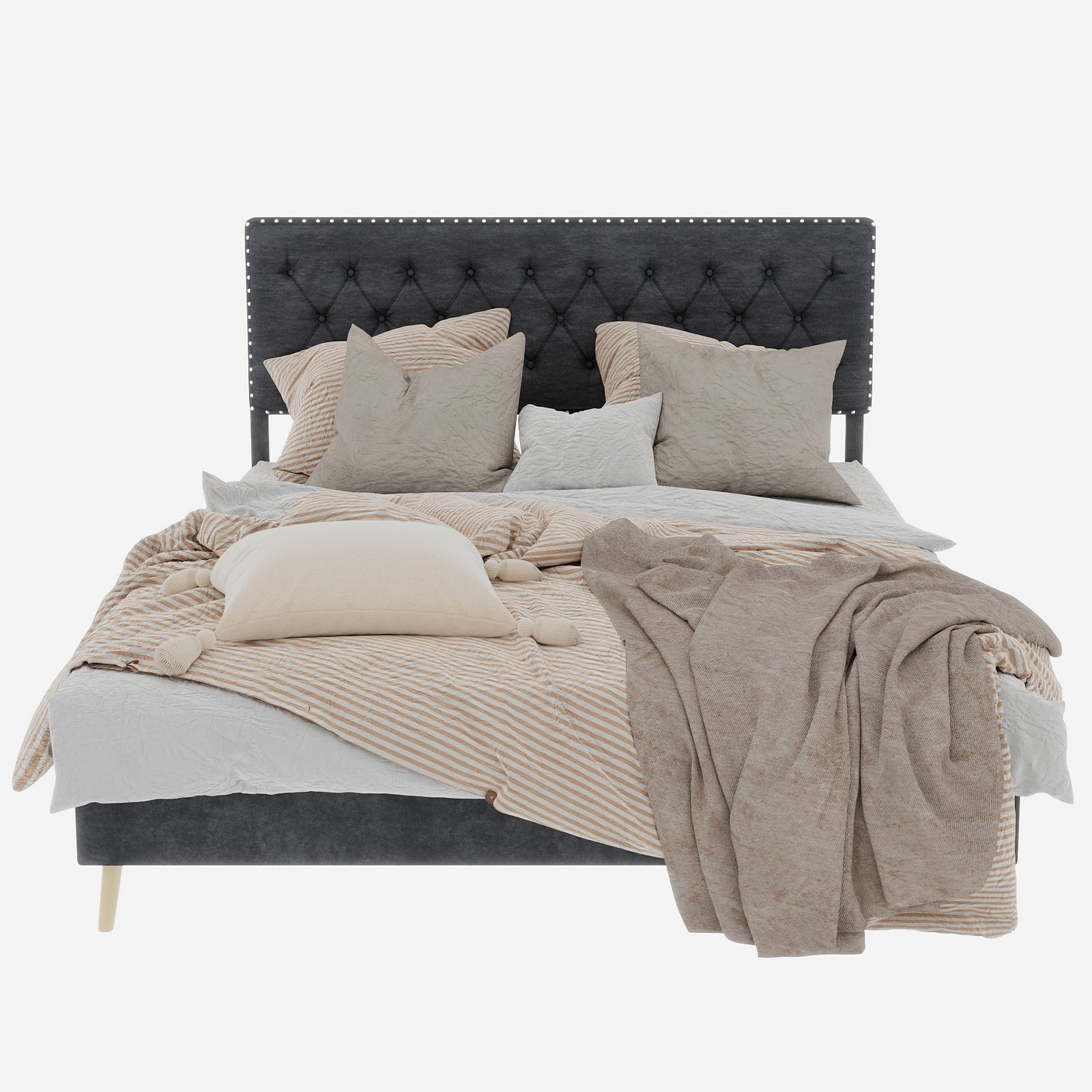 Letto matrimoniale 160x200 cm, doghe in legno, testiera, velluto grigio, senza materasso - 6