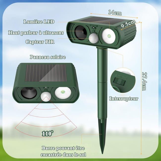 Répulsif Chat Extérieur Ultrason avec LED Solaire & Étanche IP65 pour Jardin Cour Terrasse Anti Chats, Chiens, Oiseaux, Rongeurs - 5