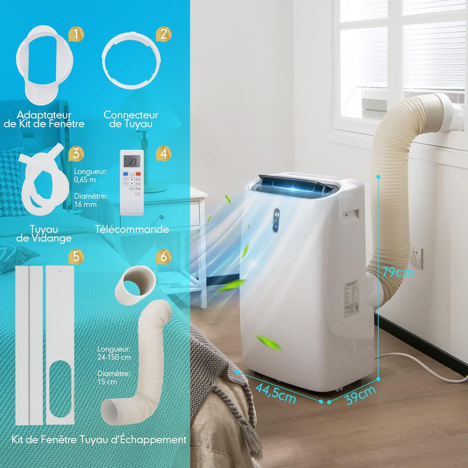 Climatiseur Mobile 4,1 kW/14000BTU-40㎡-R290 - Refroidissement, Chauffage, Déshumidification, Ventilation, Minuterie 24H, Classe A, Télécommande/Wifi - 9