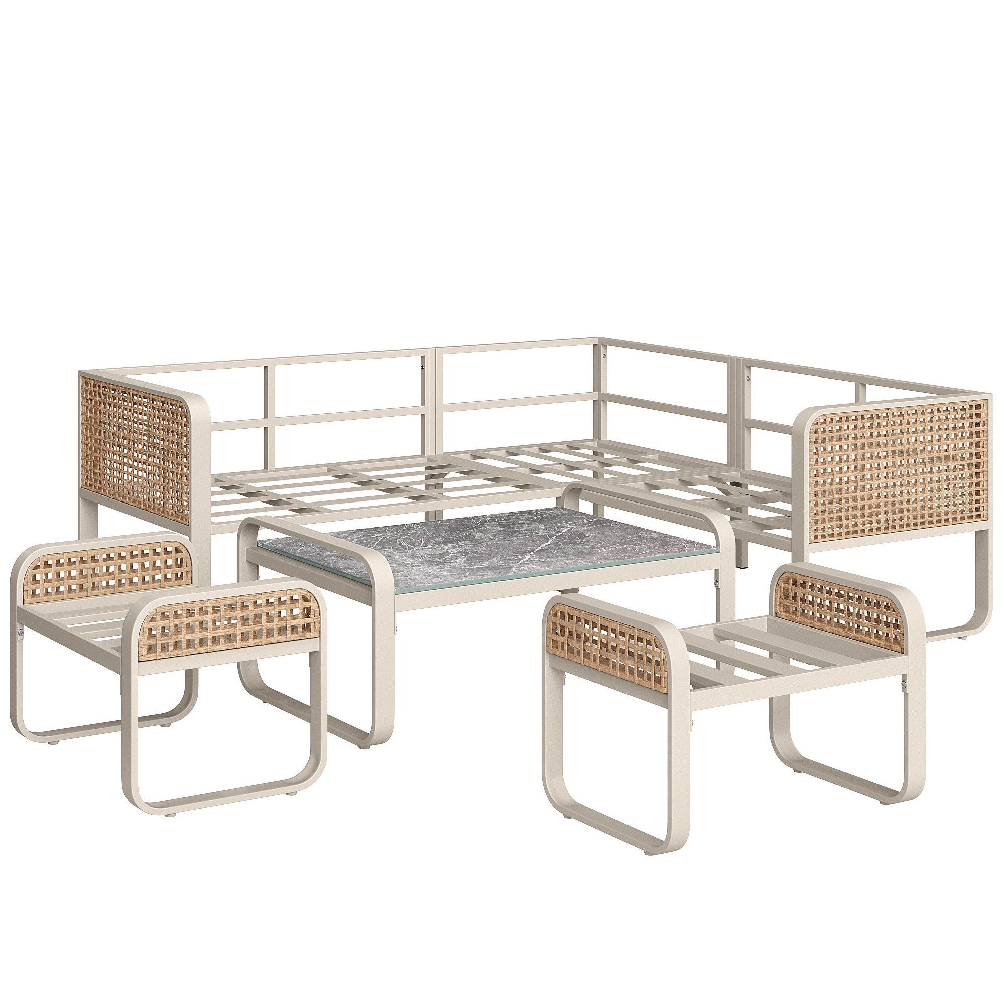 Salon de jardin d'extérieur en rotin PE pour 6-7 personnes, Canapé d'angle avec Coussins et Table Basse - acier galvanisé - Pieds Réglables, beige - 6