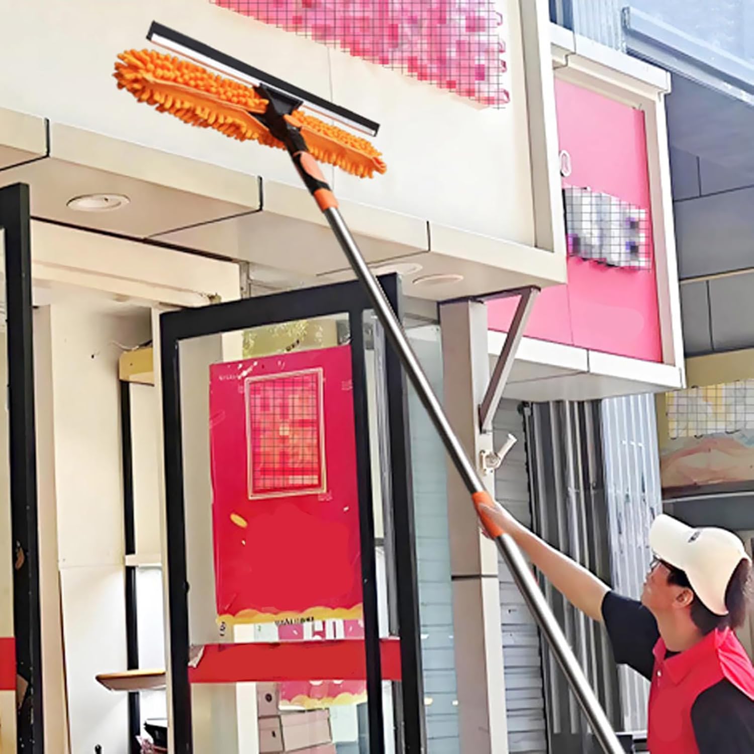 4,3 m Lave-vitres télescopique 2 en 1 avec manche long, grattoir et chiffon nettoyage pour fenêtres hautes, murs et voitures - 4