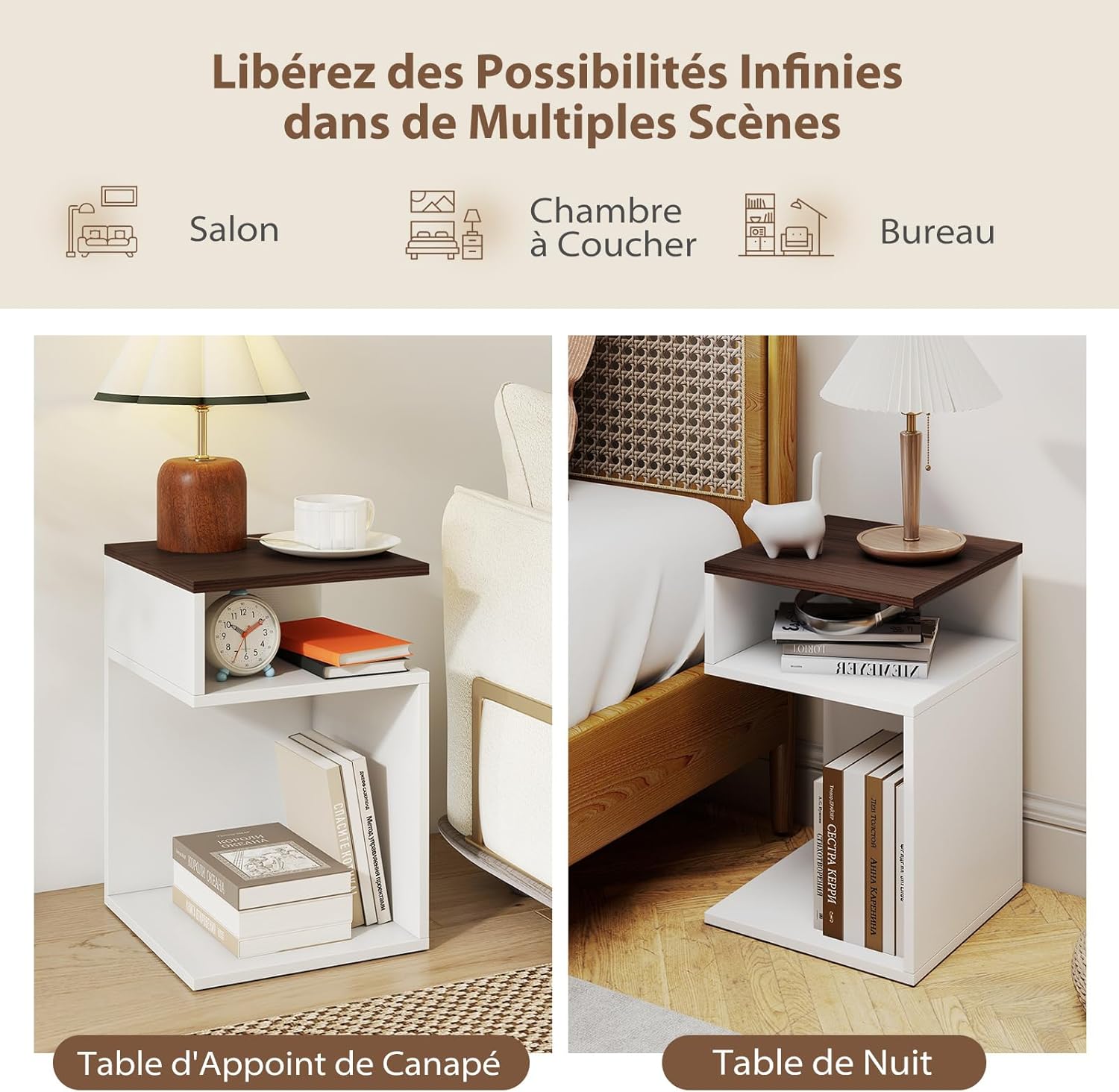 Table d'Appoint en Forme S, Bout de Canapé avec 2 Casiers Ouverts, 3 Étagères Design Géométrique Compacte, Blanc, pour Salon Chambre, Blanc+Noyer - 7