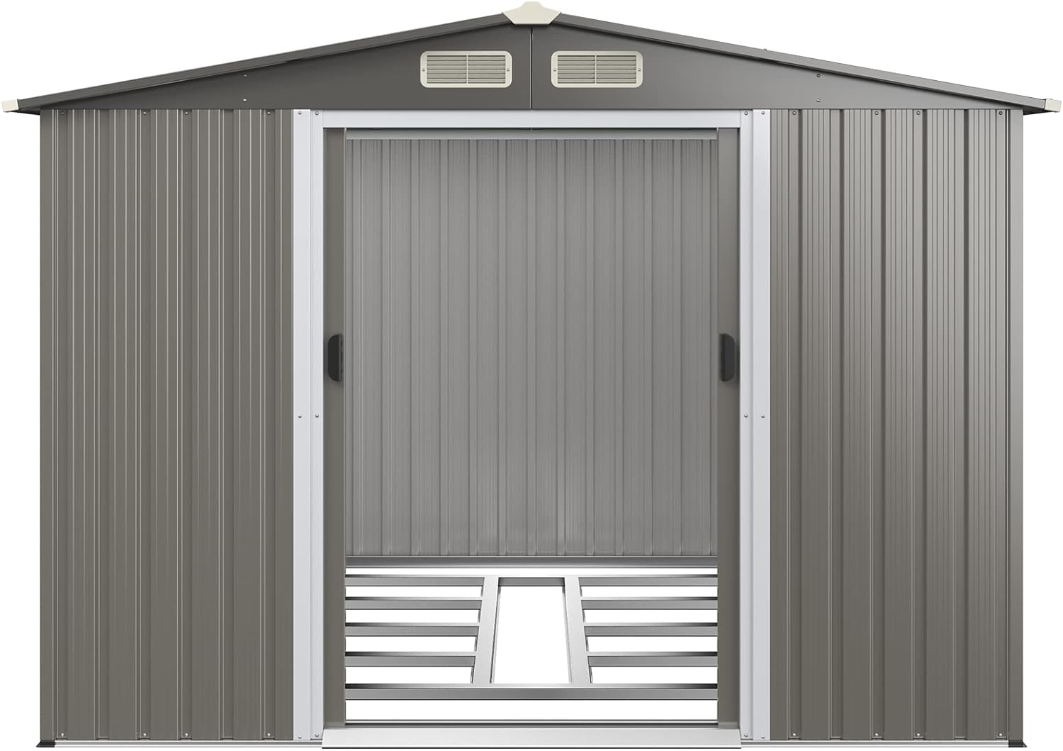 4,7 m² Metalowa Szopa Ogrodowa z Podstawą, Schowek na Narzędzia z Przesuwanymi Drzwiami, 260 x 207 x 181 cm, Jasnoszary