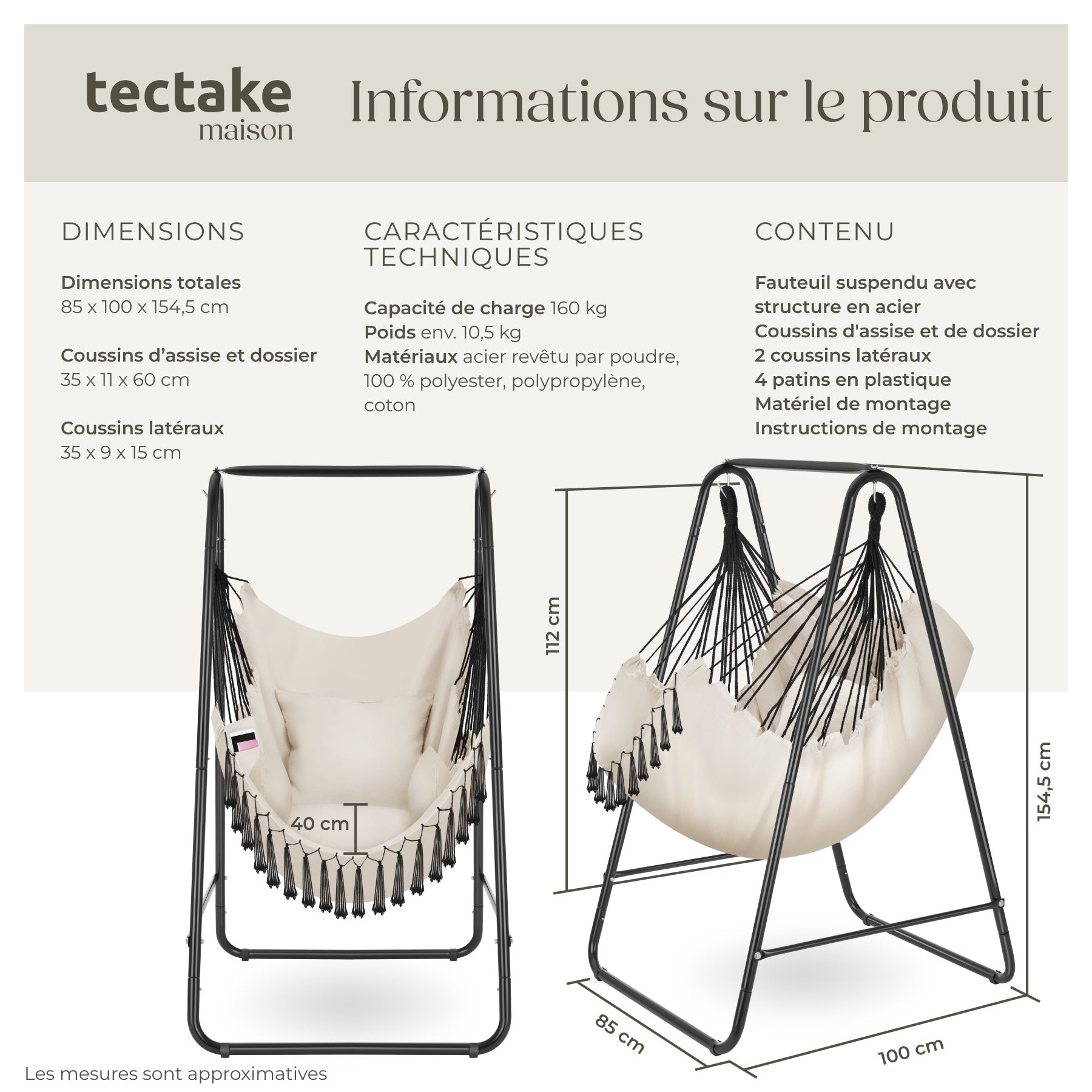 TECTAKE Cadeira suspensa 3 almofadas espessas - 6