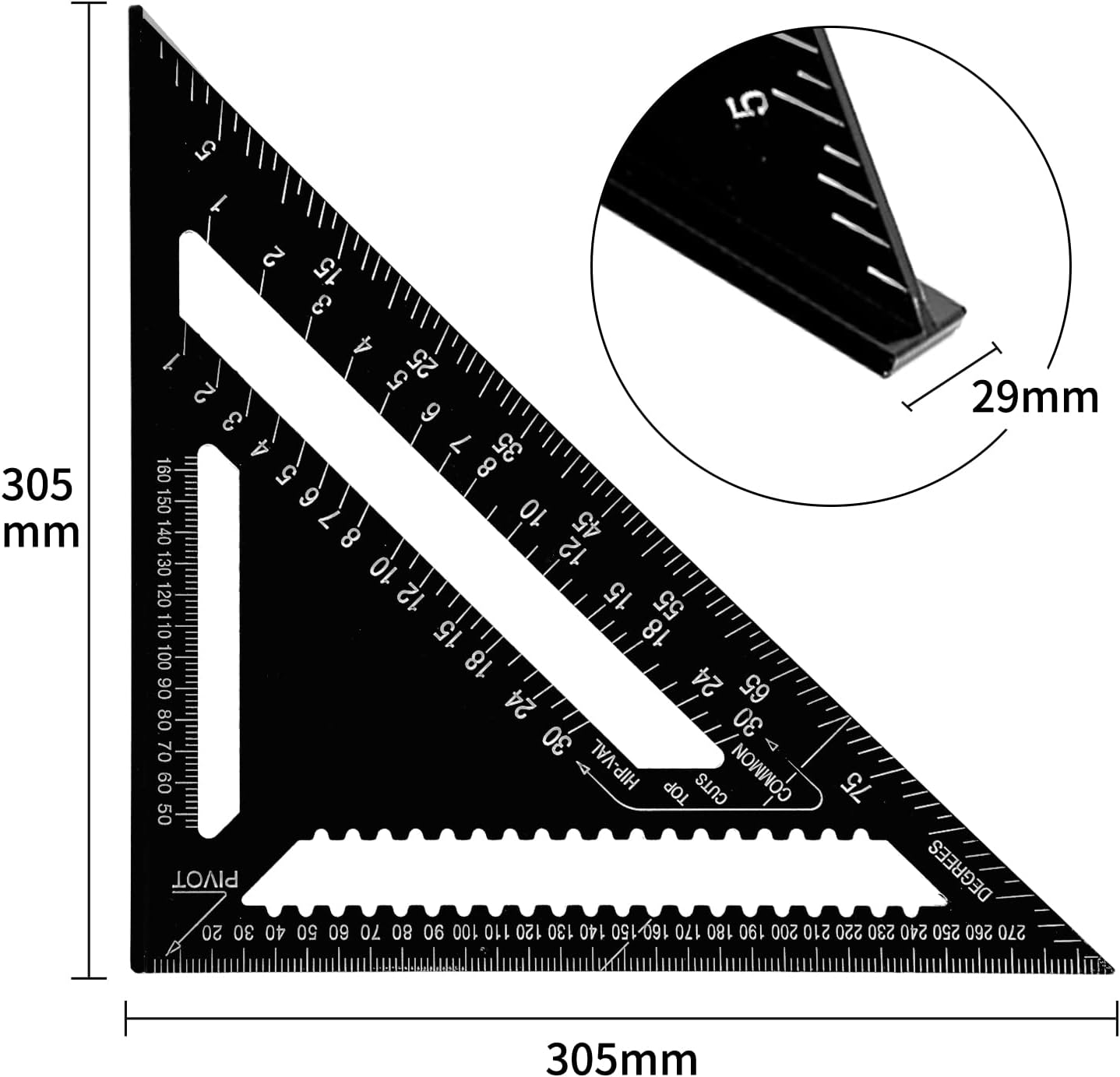12-calowy (30,5 cm) czarny aluminiowy kątownik ciesielski, linijka trójkątna metryczna do pomiaru kątów, dla cieśli - 2