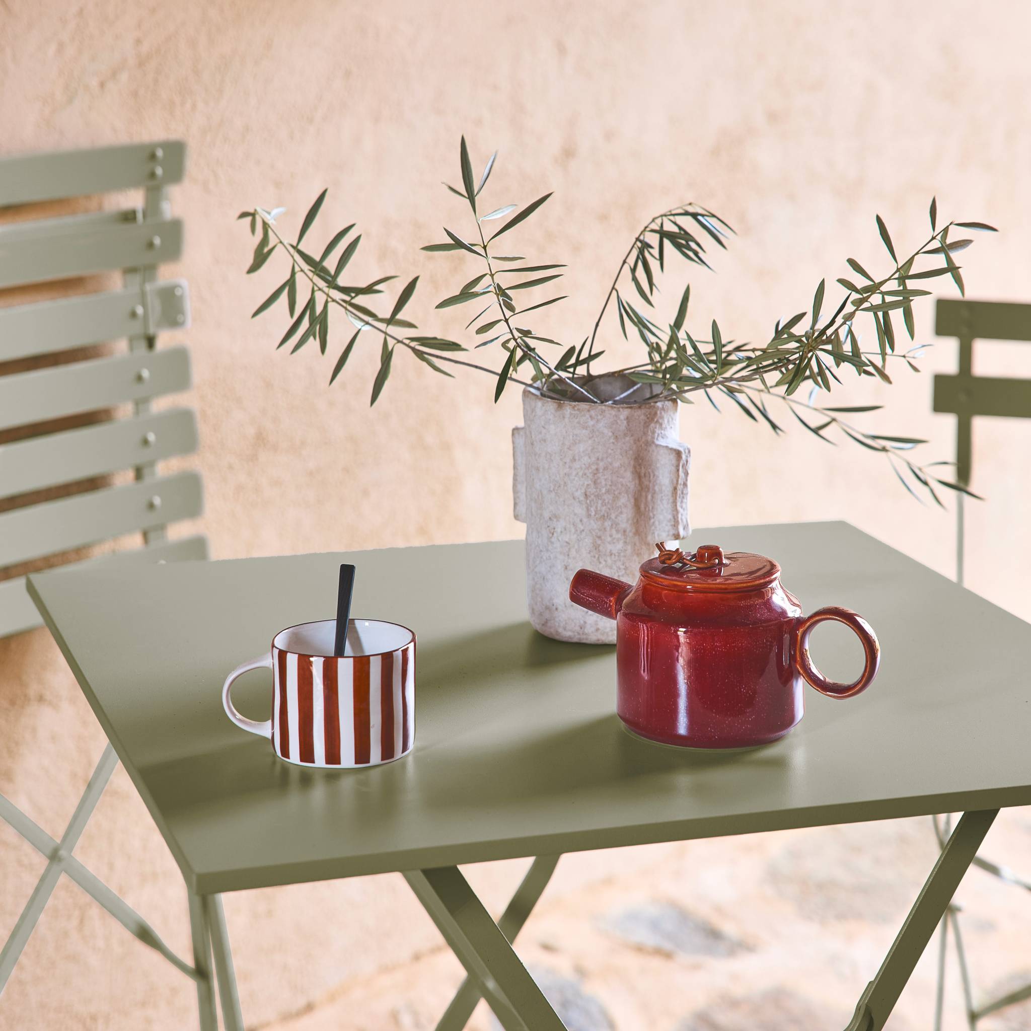 Table de jardin bistrot pliante métal + 2 assises vert de gris 70 x 70cm. acier thermolaqué EMILIA - 6