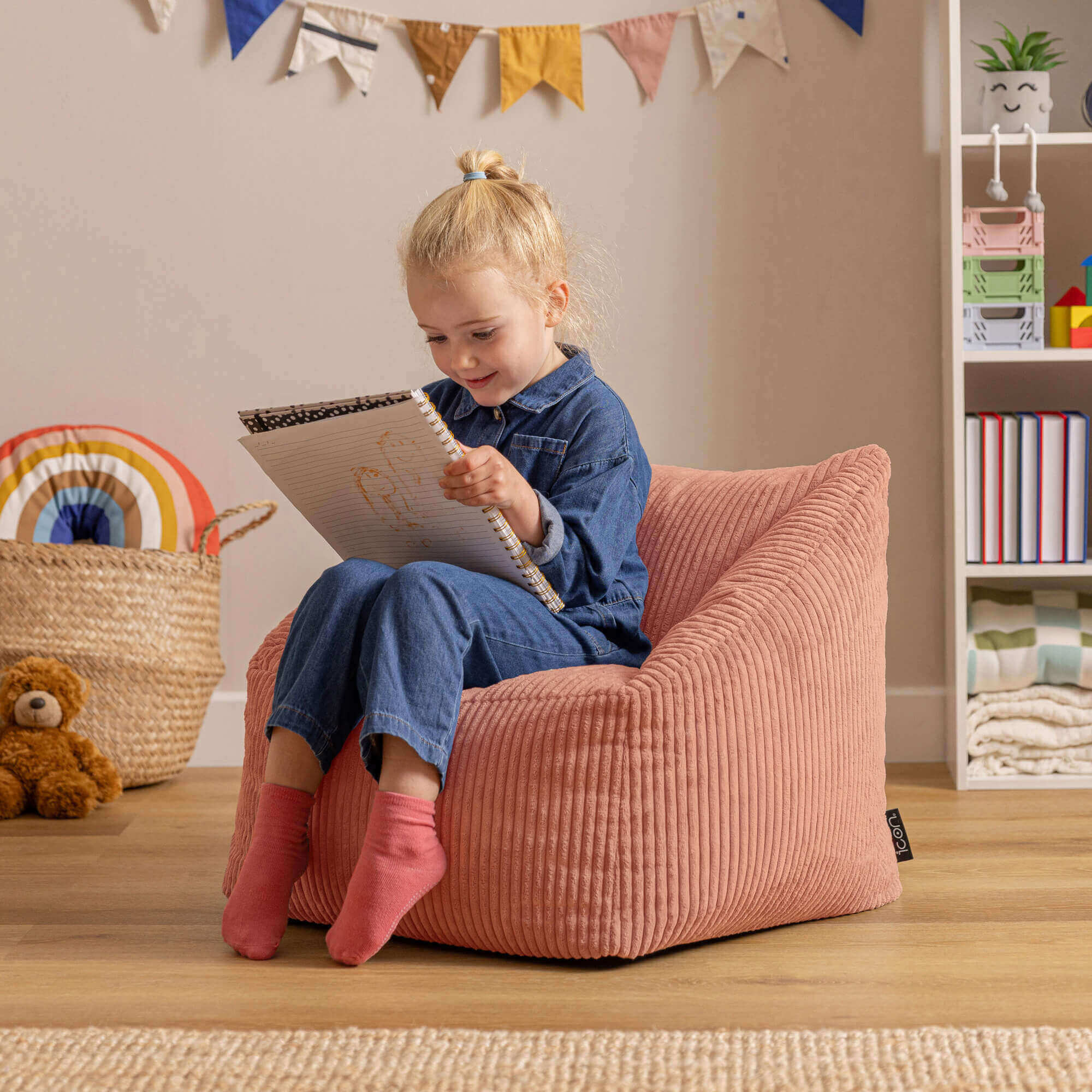 Lot de 2 poufs fauteuils enfant Icon velours côtelé rose aube, chambre, salon, 55x55xcm Oeko-Tex® - 3