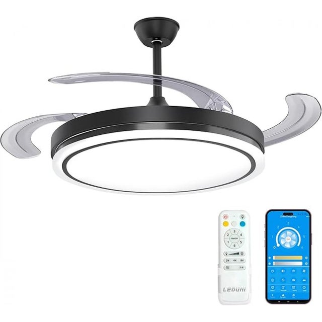 LEDUNI Ventilador con Luz LED Negro Ø 50cm con mando+APP,Motor DC +Luz LED, 66W aspas retráctiles, CCT, Silencioso