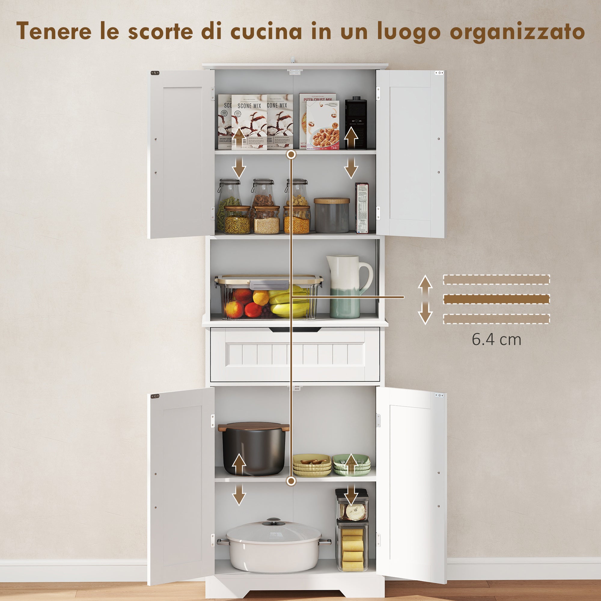 Buffet de cuisine haut, meuble de rangement avec gestion des câbles et support pour micro-ondes, meuble de cuisine à 2 portes, 60 x 30 x 172 cm, blanc - 5