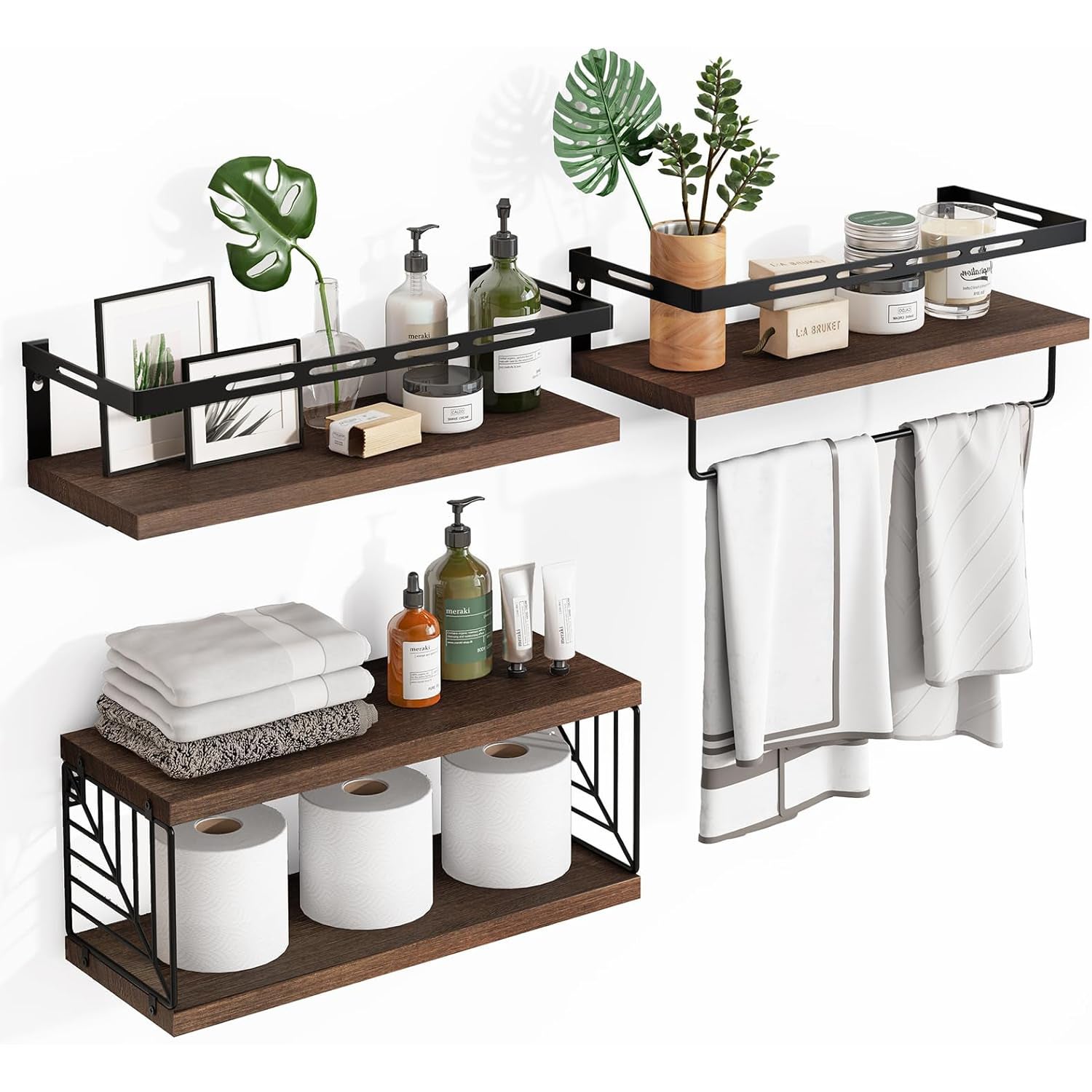 Étagère Murale, Tablette Flottante, Lot de 3, 2 Façons de Montage, Étagère de Rangement Suspendue, pour Salon, Cuisine, Bureau, Salle de Bain, Marron Rustique et Noir Mat