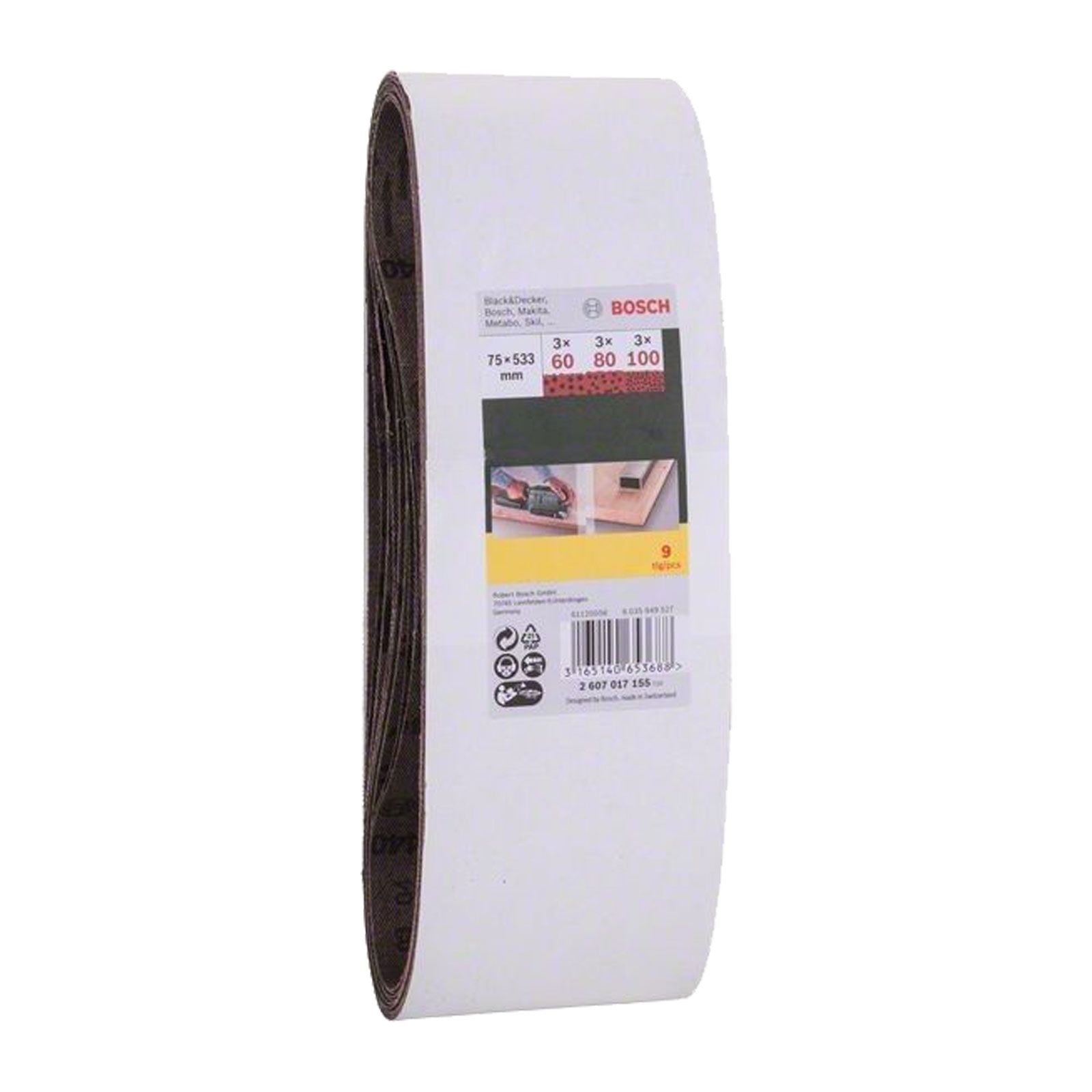 Bosch Zestaw taśm szlifierskich do B&D, 9-częściowy, 75 x 457 mm, ziarnistość 60, 80, 100 - 2607017156 - 3