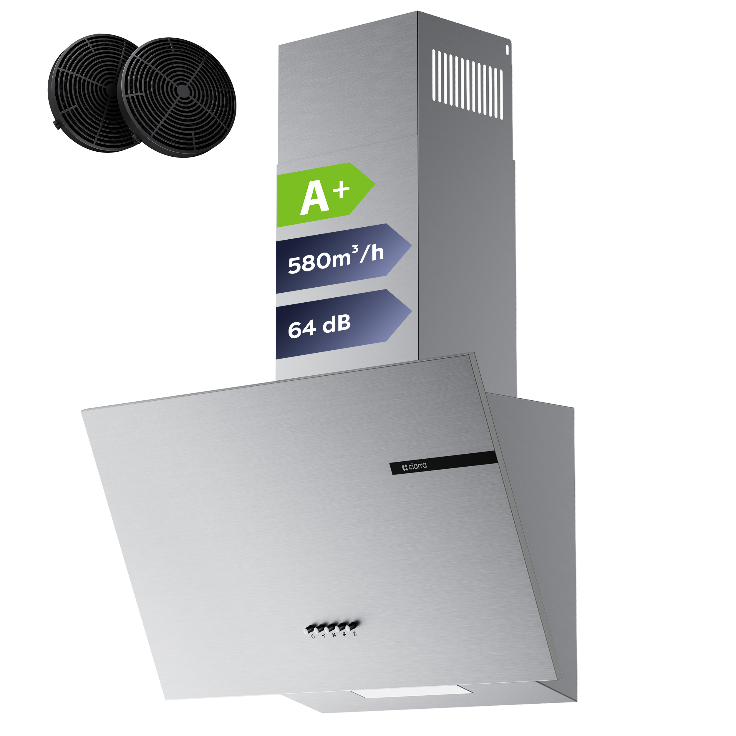 CIARRA Hotte Aspirante Inclinée 60cm 580m³/h Classe A+ 3 Vitesses Recyclage et Évacuation 2 Filtres à charbon Inox CD6765AS