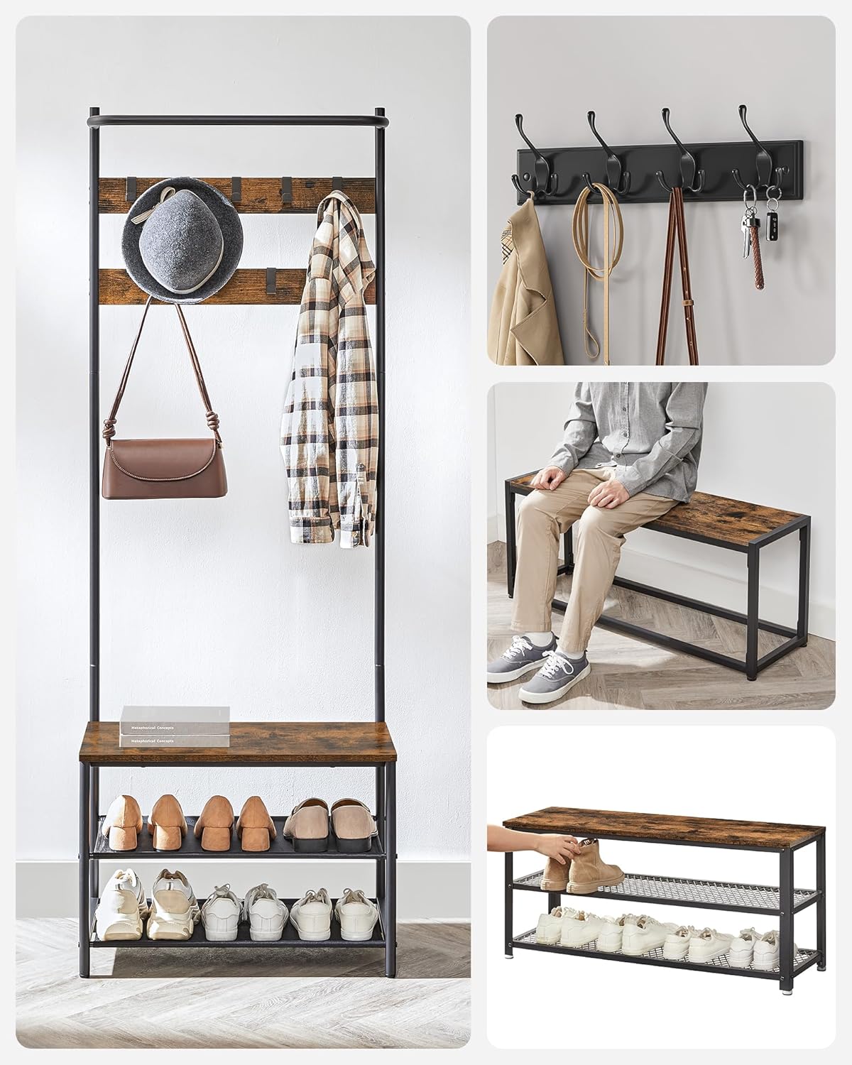 Appendiabiti con Panca Scarpiera, 9 Ganci Rimovibili, Barra Appendiabiti, 32,2 x 64 x 180 cm, Marrone e Nero, Regalo Natale - 4