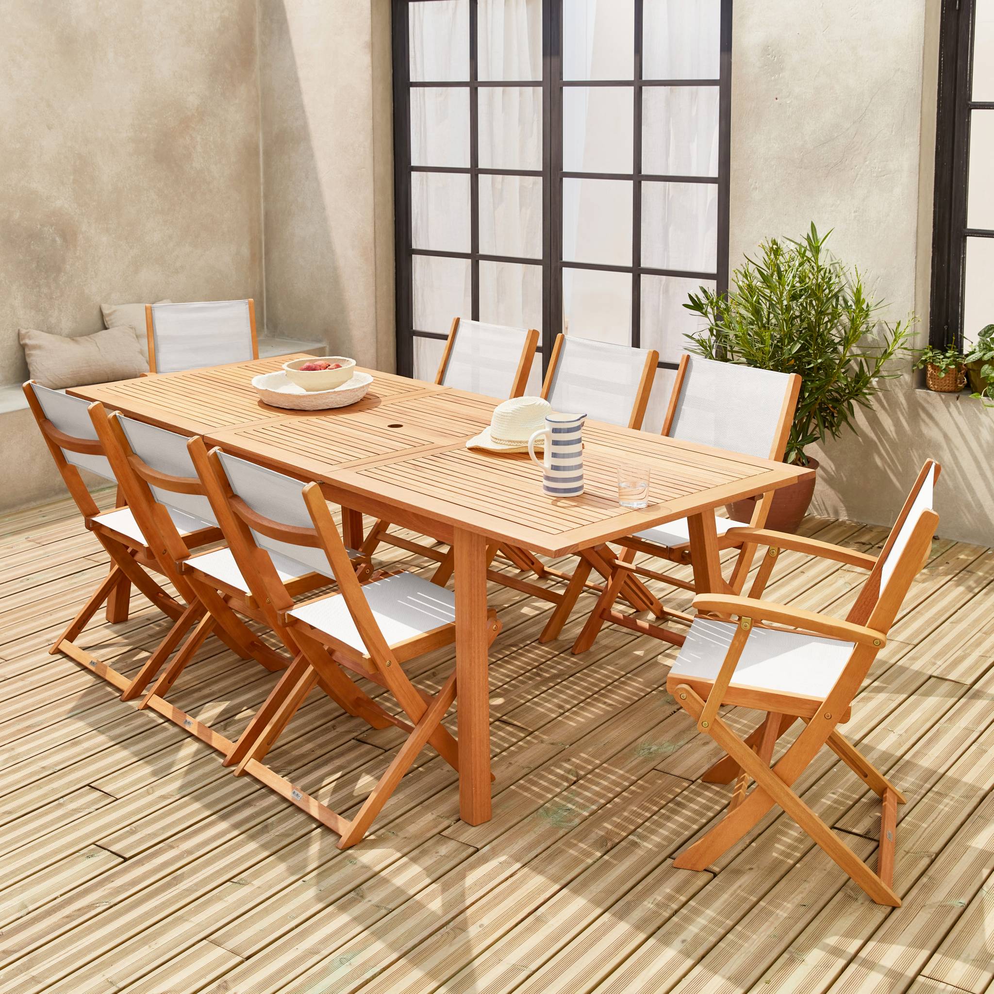 Table de jardin extensible bois d'eucalyptus + 8 assises en bois d'Eucalyptus huilé et textilène blanc ALMERIA - 2