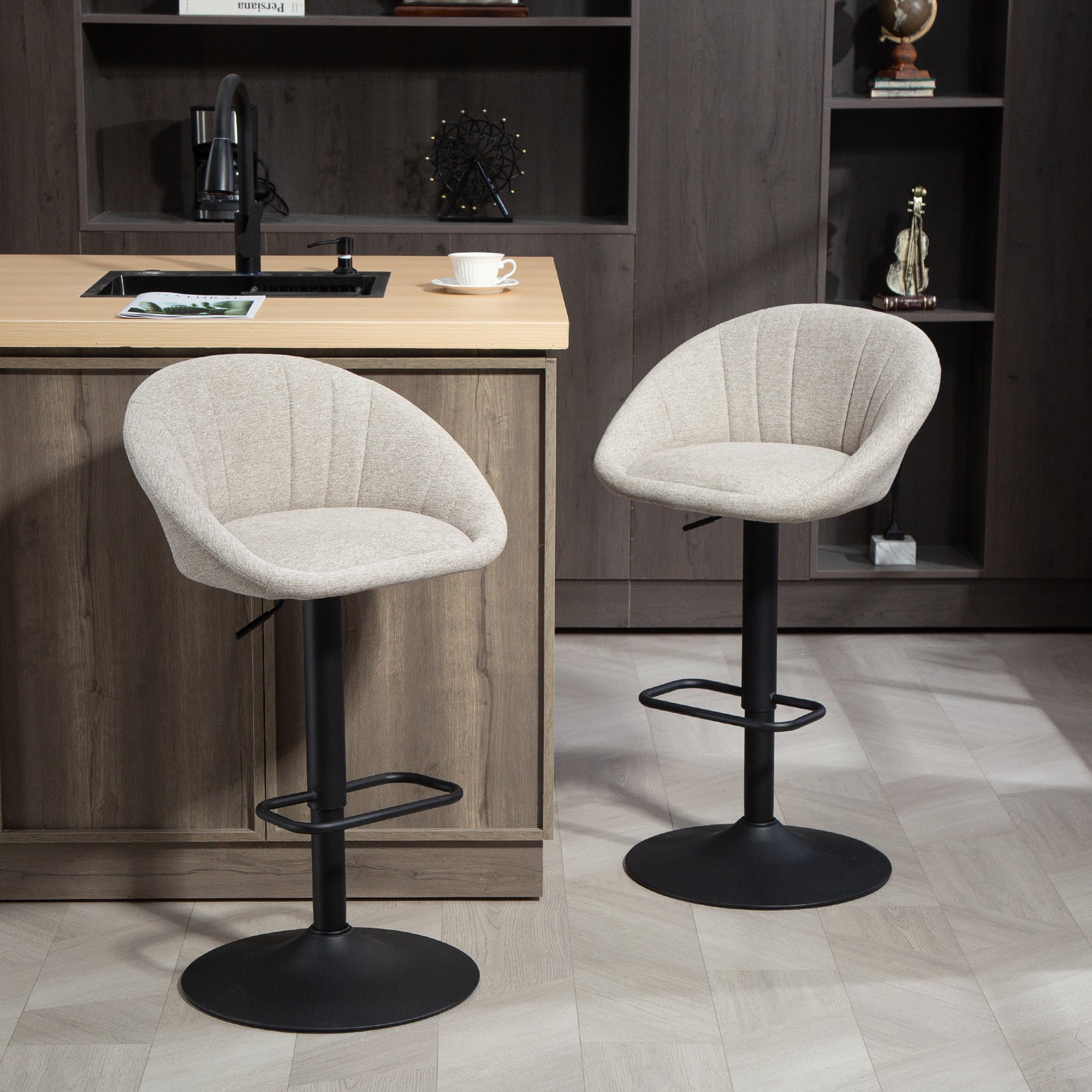 HOMCOM Set 2 Sgabelli da Bar con Altezza Regolabile, Seduta Girevole in Tessuto e Poggiapiedi, Beige - 2