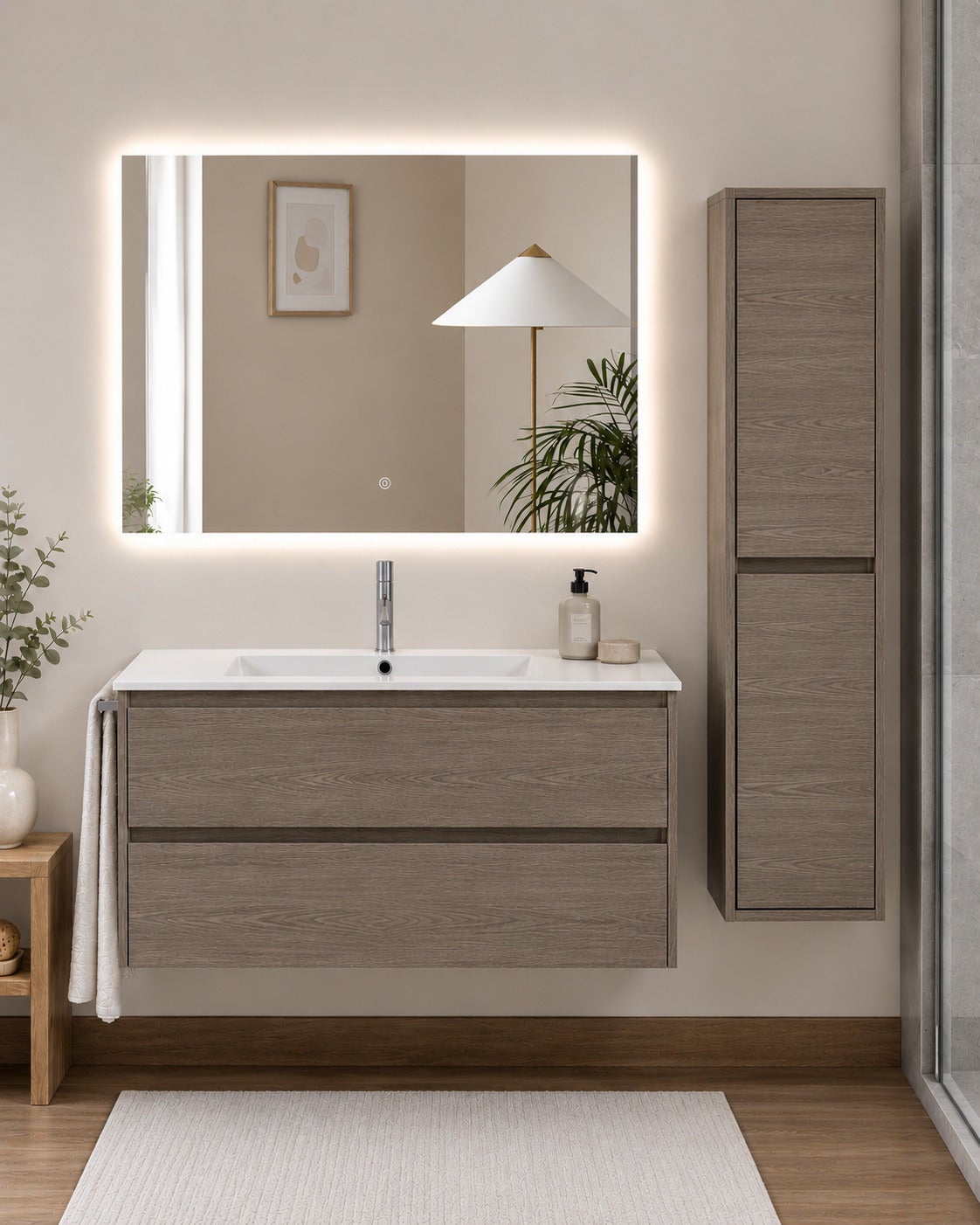 Mobilier de baie cu lavoar ORIGENBATH IBIZA fără oglindă 60x45 cm stejar smoky cu coloană