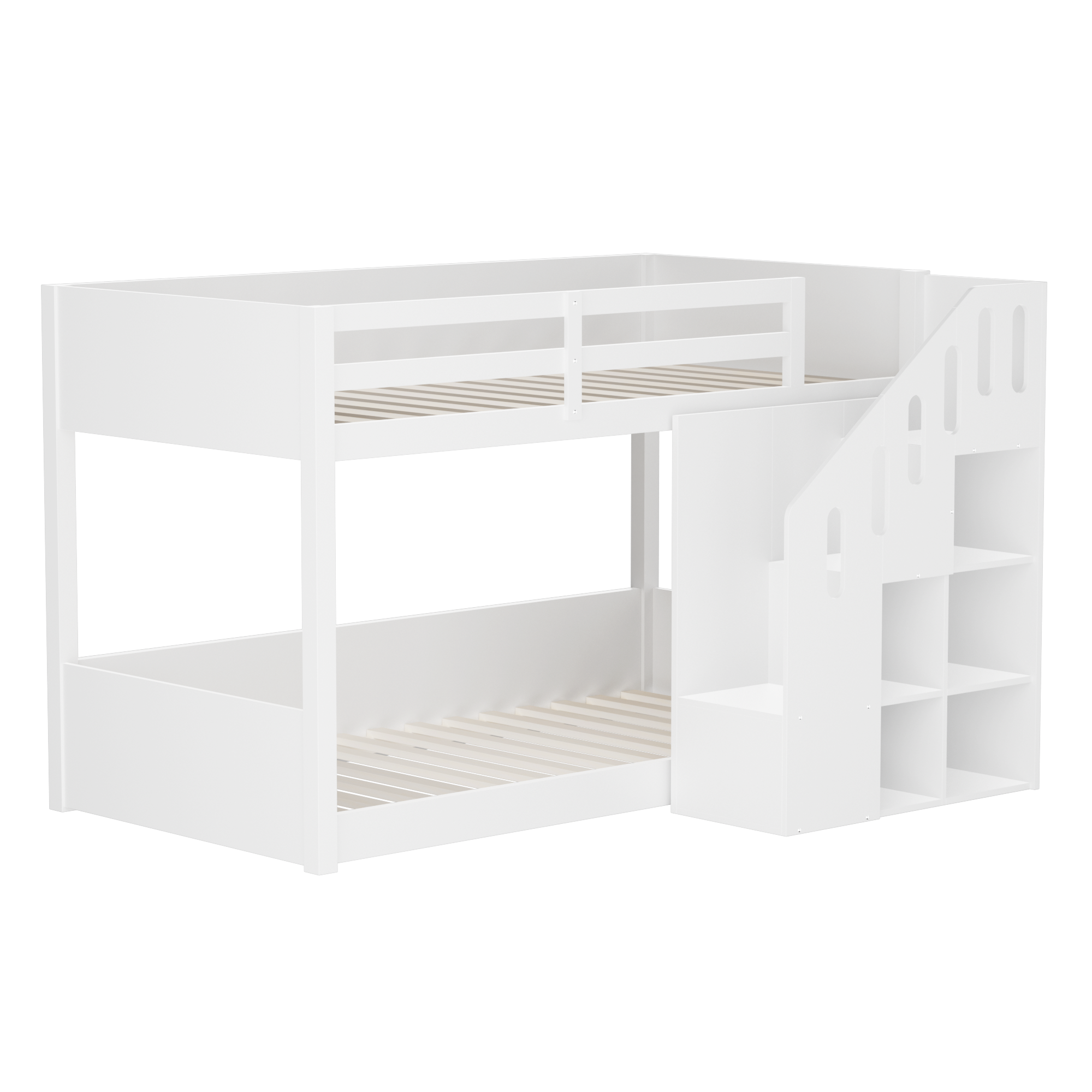 Lit superposé pour enfant - 2x90x200 cm - avec casier d'escalier et garde-corps - Blanc (sans matelas) - 6