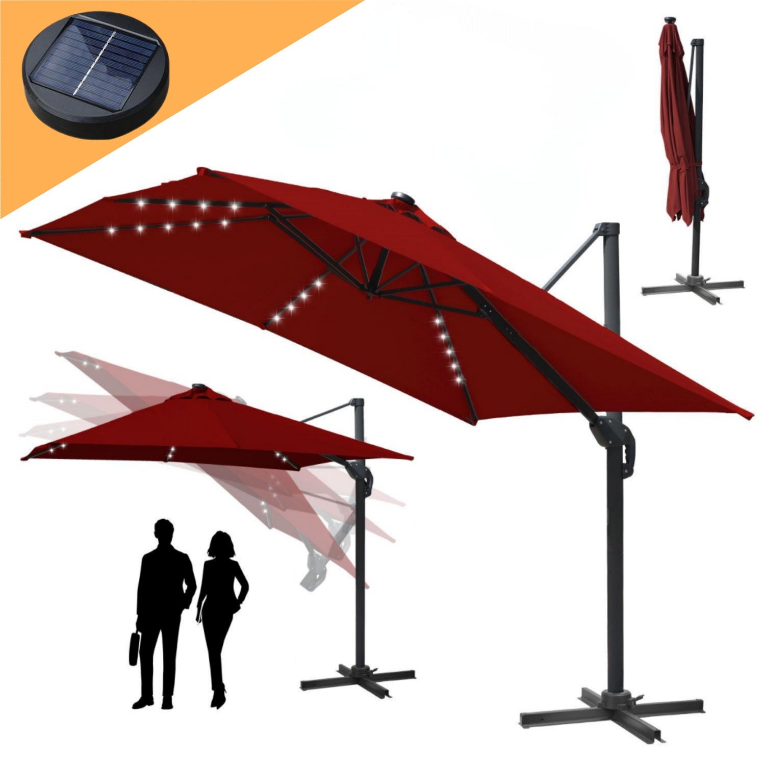Parasol obrotowy 3m, uchylny, LED, obrót 360°, parasol rynkowy, czerwony