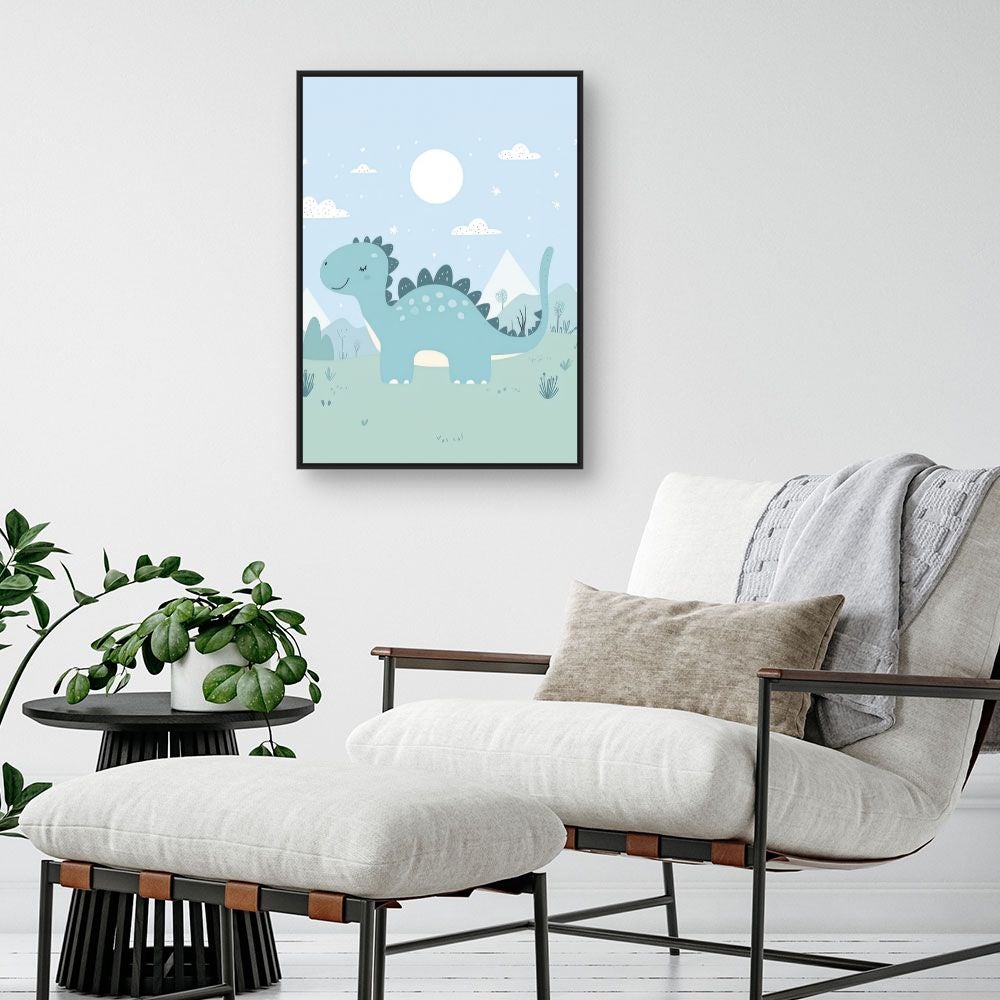 Tableau imprimé et encadré pour enfants 'Dino sourire' / 50x70cm / Cadre Noir / Fabriqué en France / Toile murale / DADA ART - 2