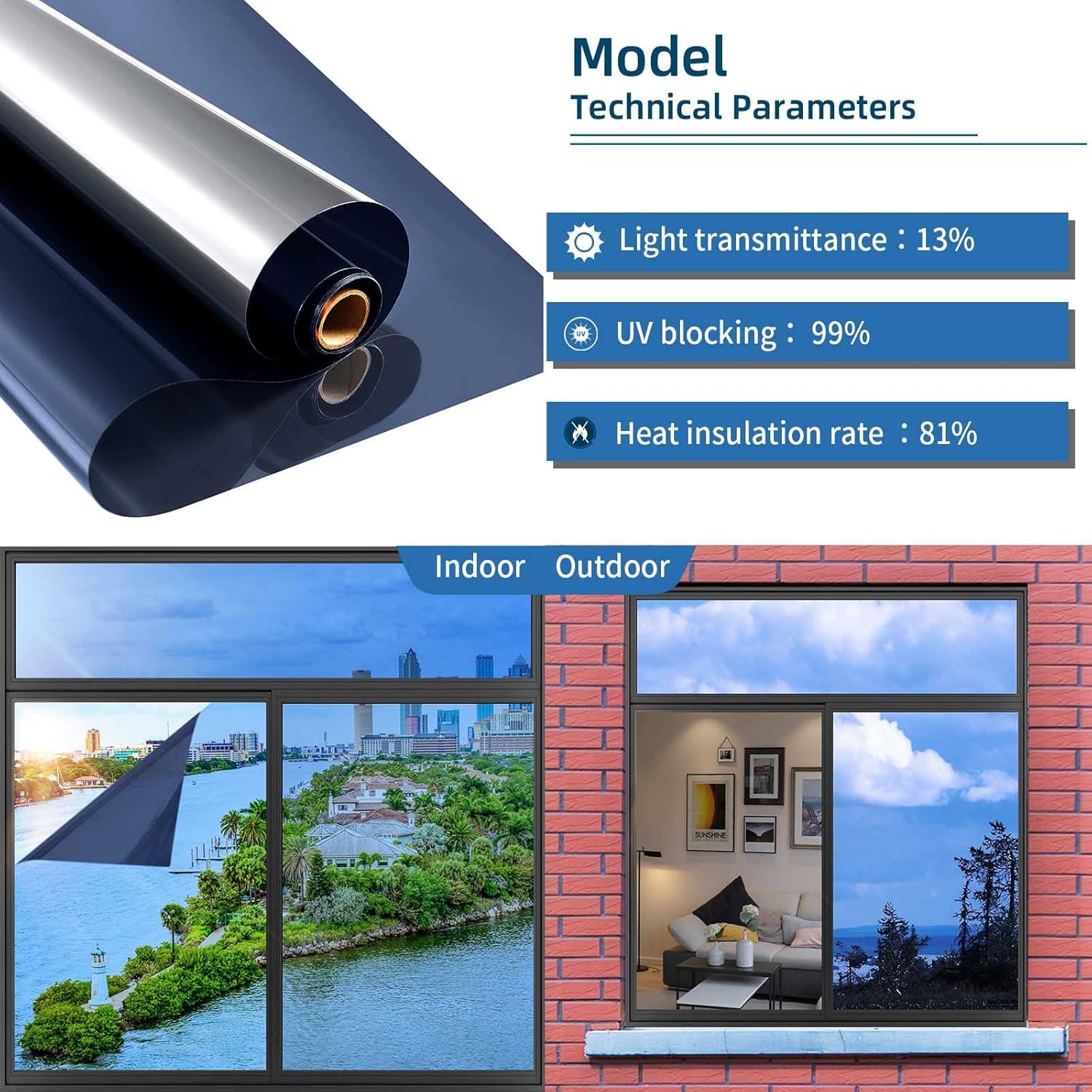 Film isolant thermique pour fenêtres, protection solaire et UV, film réfléchissant miroir sans tain, 45*300cm, matériau PVC, bleu foncé - 2