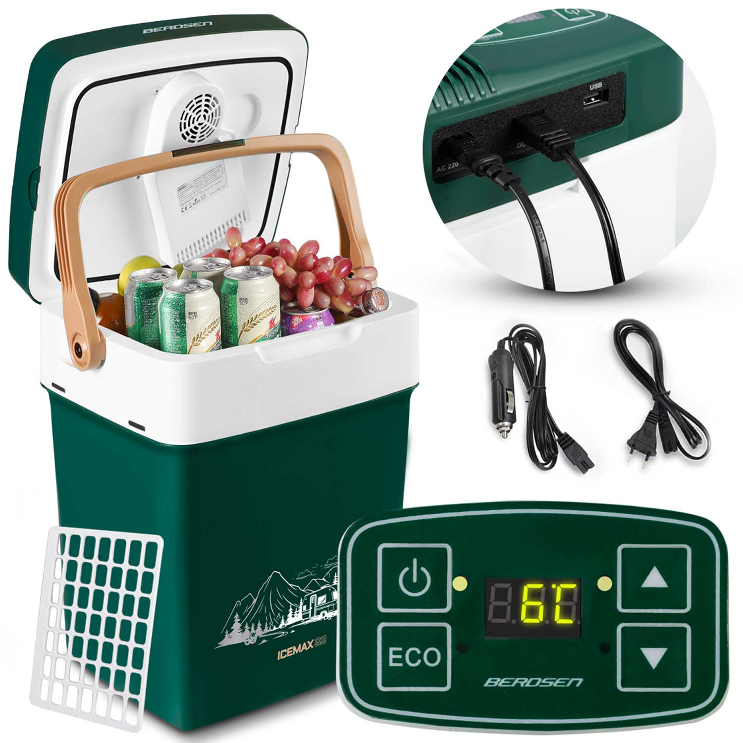 Lodówka turystyczna samochodowa 29l Berdsen 12V i 230V USB z funkcją ECO
