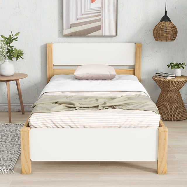 Letto con testiera - 90 x 200 cm - MDF - rete a doghe - colore naturale e bianco