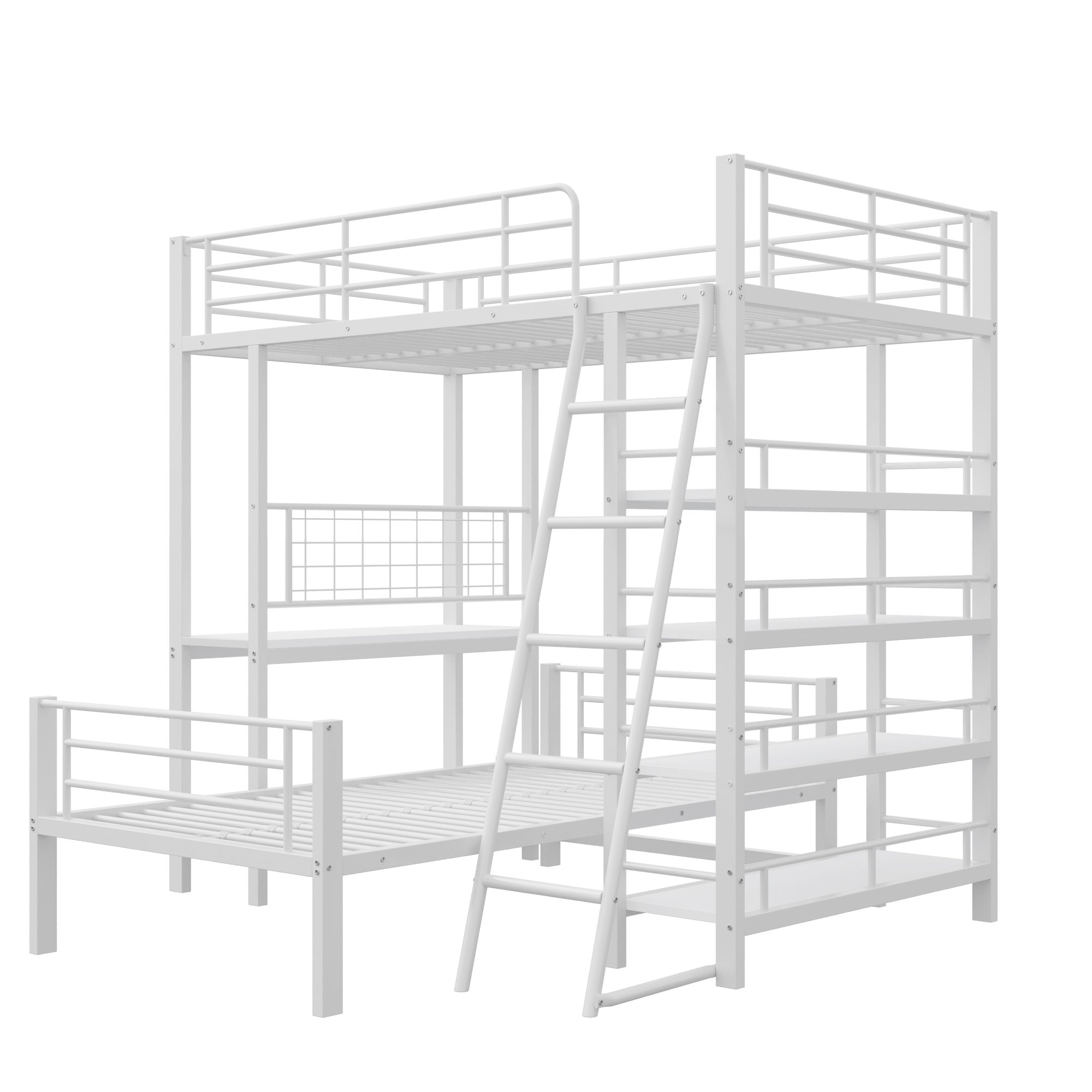 Letto a castello con struttura in metallo, letto a soppalco 90x200, letto multifunzionale con più vani contenitore, bianco - 6