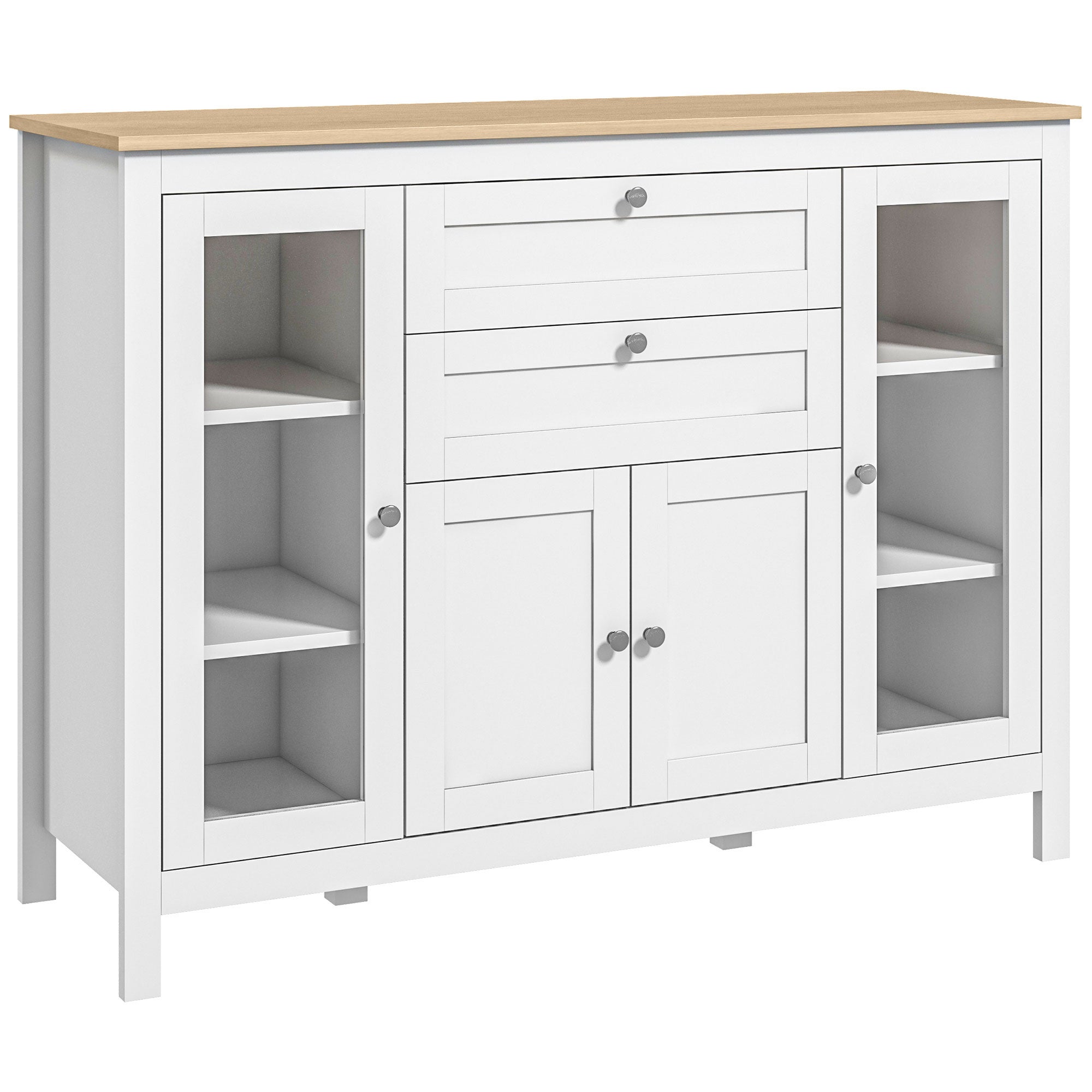 Juego de mesa y sillas infantiles, mueble cocina 2 cajones, 2 puertas vidrio, estantes ajustables, 120x40x90 cm, blanco.