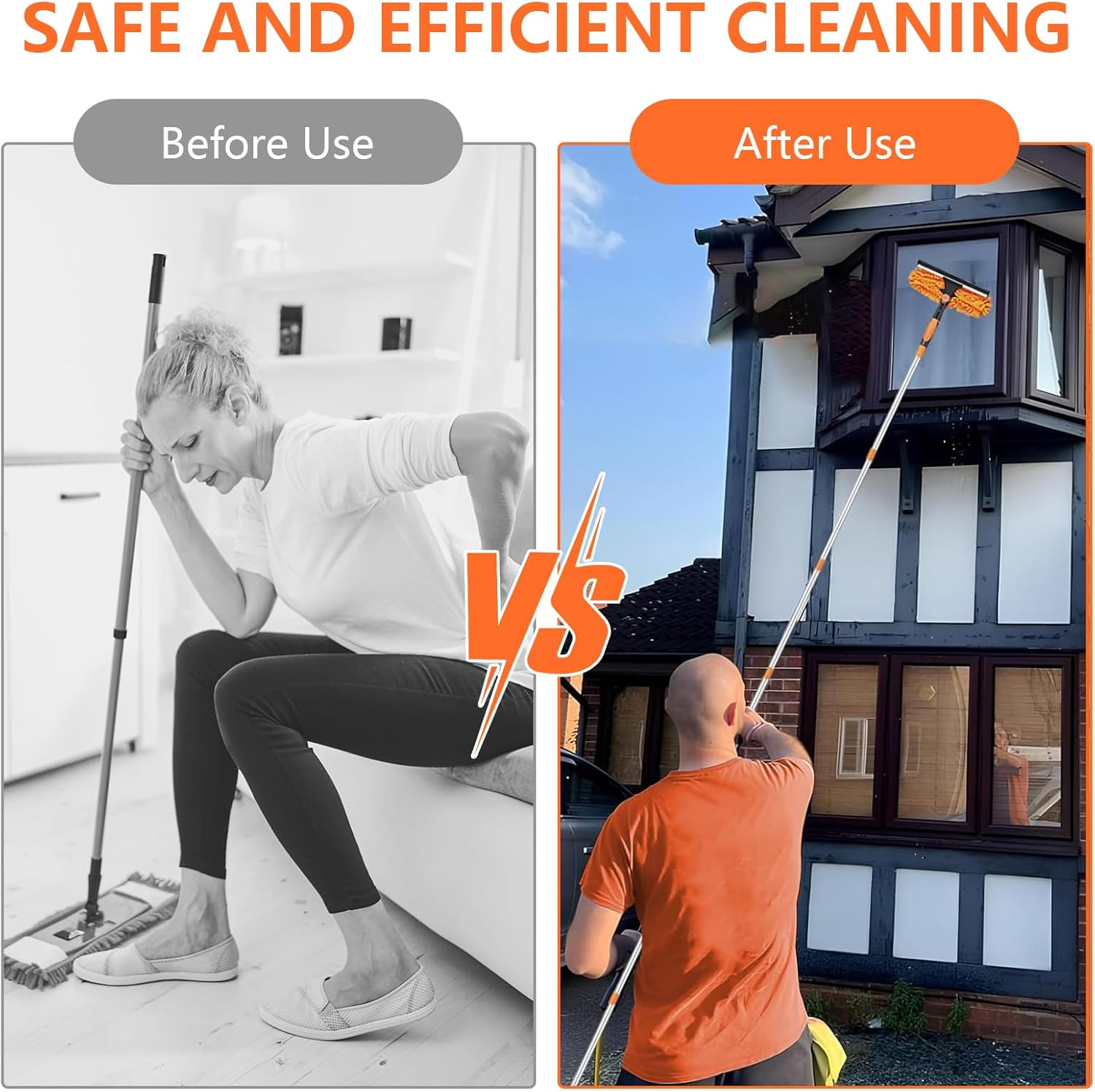 4,3 m Lave-vitres télescopique 2 en 1 avec manche long, grattoir et chiffon nettoyage pour fenêtres hautes, murs et voitures - 3