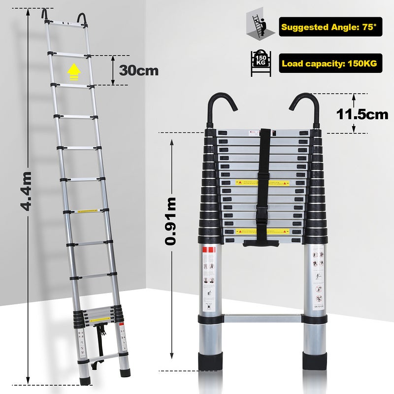 Échelle télescopique avec échelle à rallonge à crochet jusqu'à 150 kg escabeau stable en aluminium argenté 4,4 m - 5