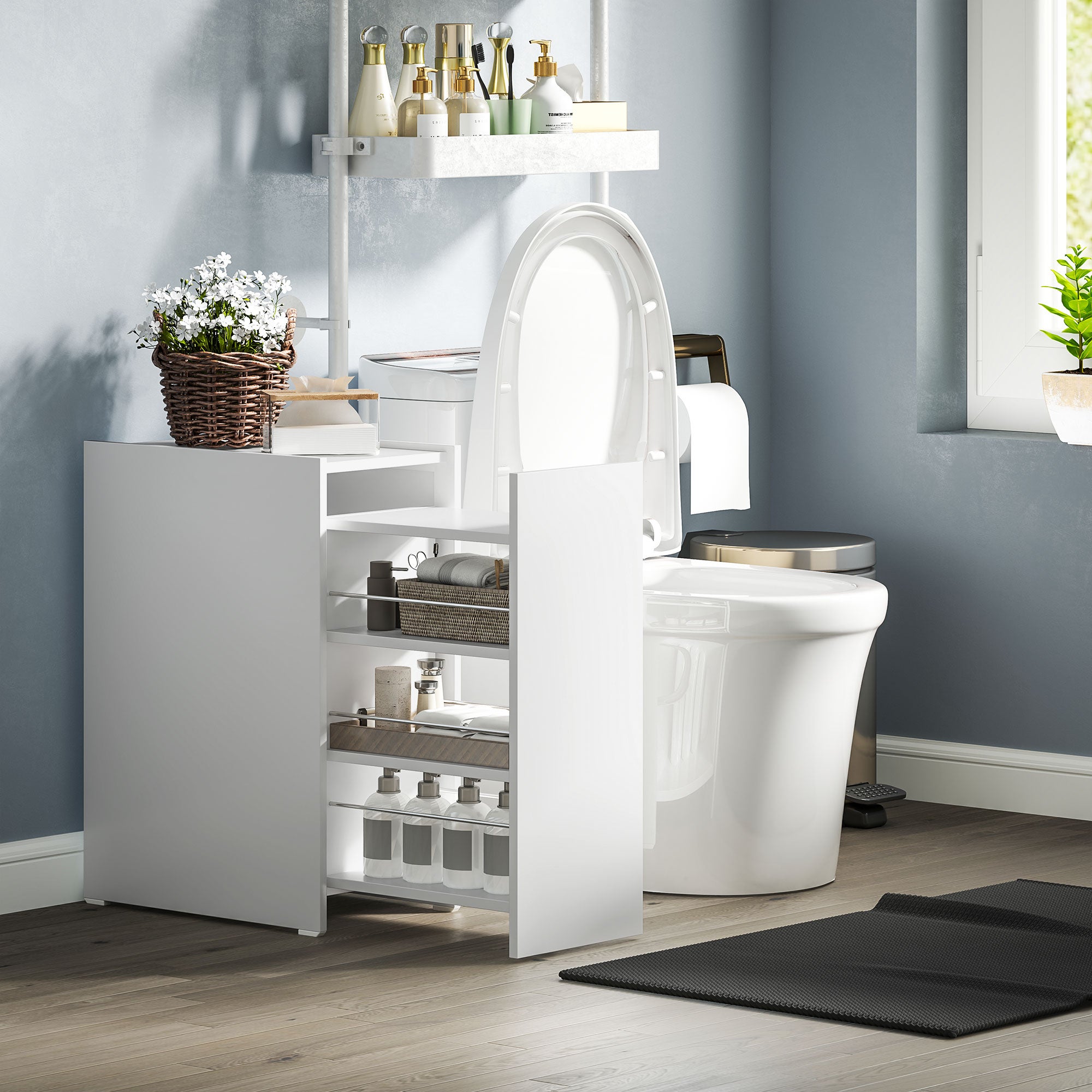 HOMCOM Meuble Colonne Salle de Bain à 6 Niveaux, Meuble de Rangement étroit avec 2 Portes, 2 Compartiments Ouverts et étagère réglable, pour Toilette