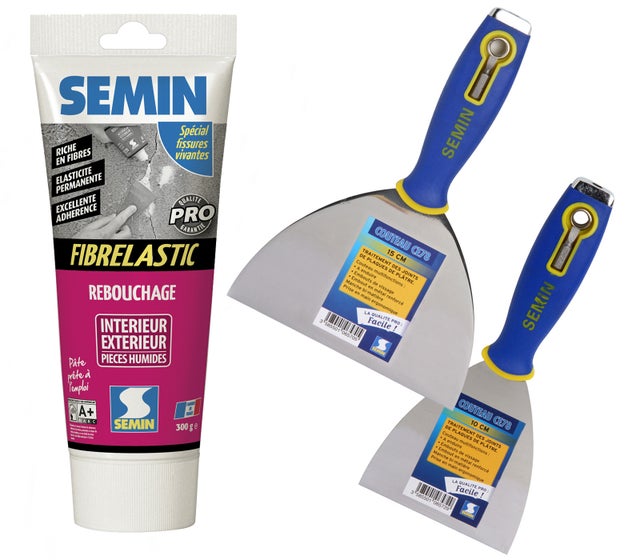 Enduit de Rebouchage Élastique Fibrelastic à Base de Fibre de Verre pour Fissures Vivantes, Intérieur/Extérieur, tube de 300 g et 2 couteaux à enduire