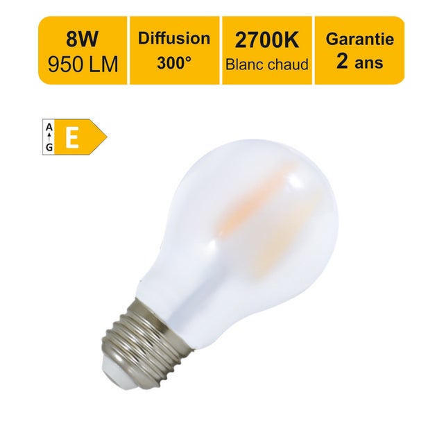 Ampoule LED filament E27 8W (équiv. 80w) 950Lm 2700K - garantie 2 ans