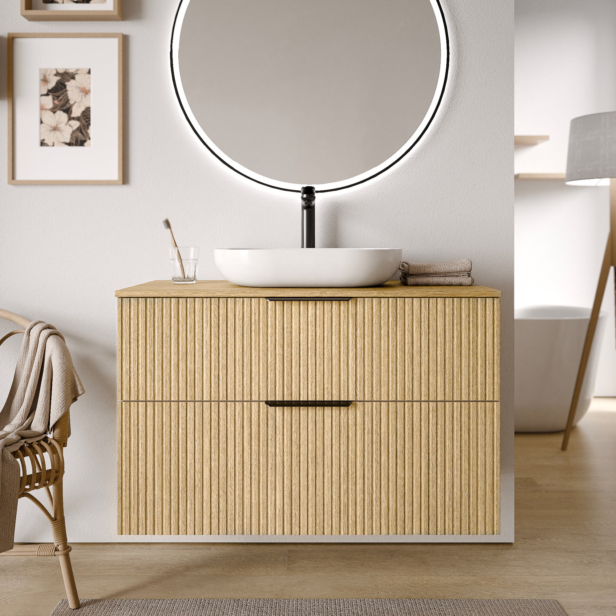 BERNSTEIN - Mueble lavabo suspendido MDF Roble estriado 100x46x62cm ...