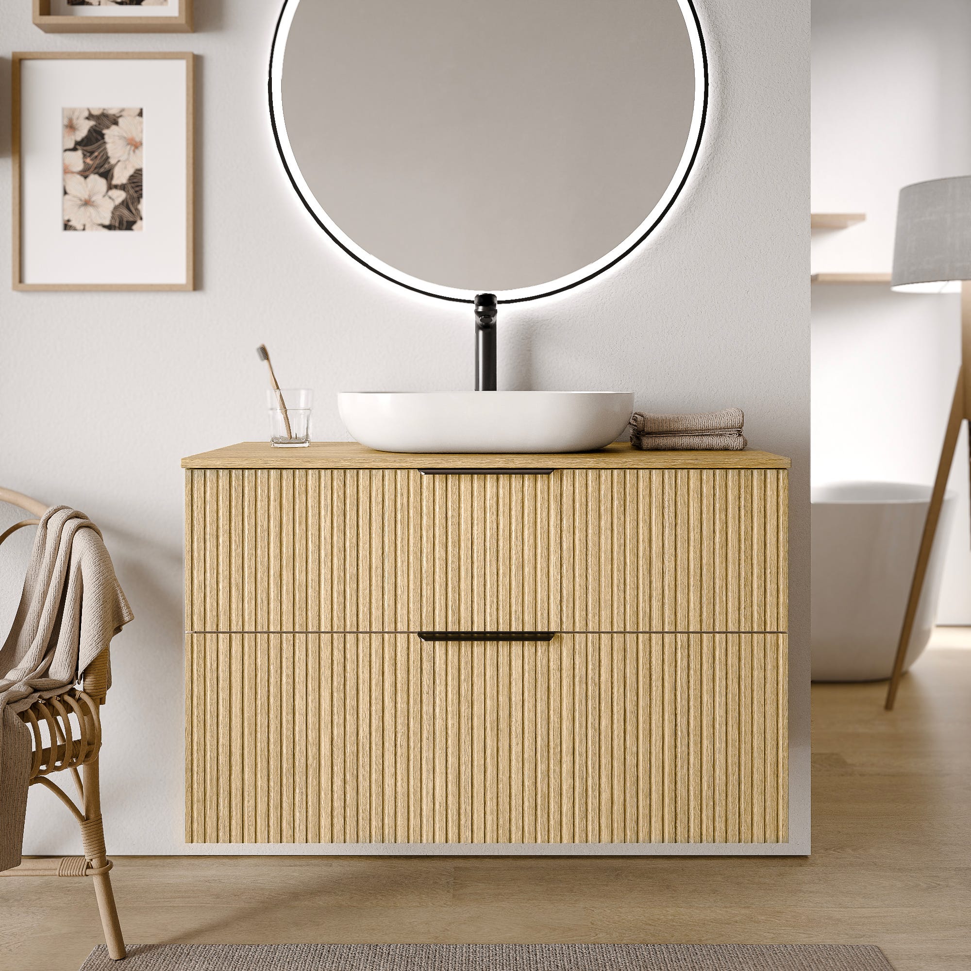 BERNSTEIN - Mueble lavabo suspendido MDF Roble estriado 100x46x62cm ...