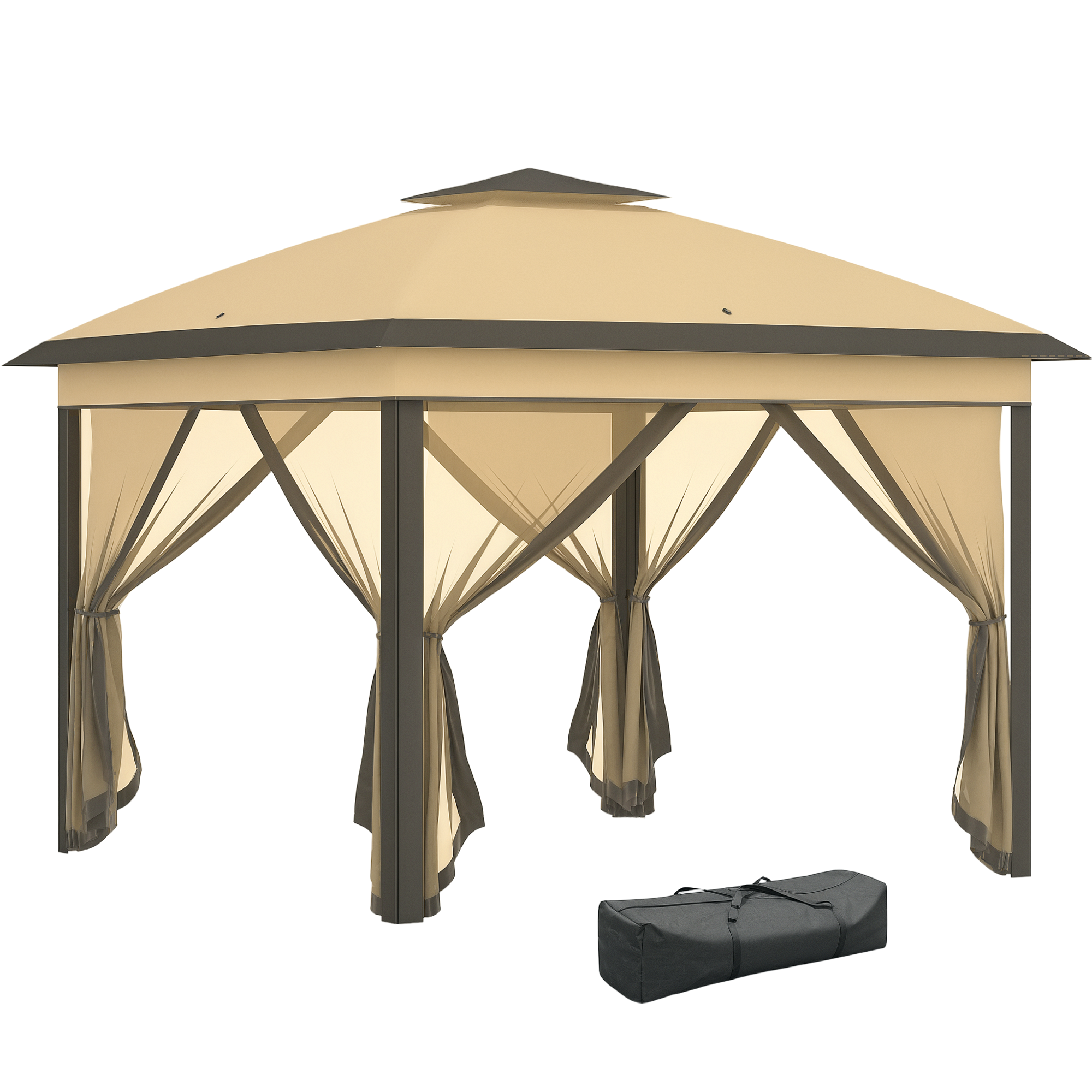 Cenador plegable de jardín, toldo de metal y tela, cortinas de visillo, orificios de drenaje, 330 cm (largo) x 330 cm (ancho) x 288 cm (alto), beige